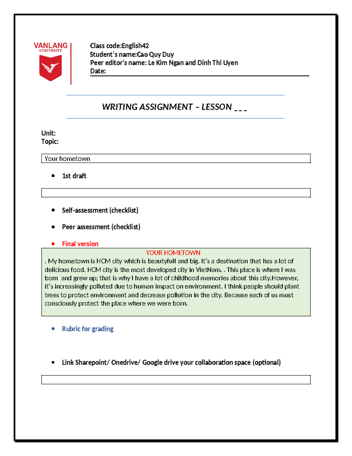 Template Writing assignment - Class code:English Student’s name:Cao Quy ...