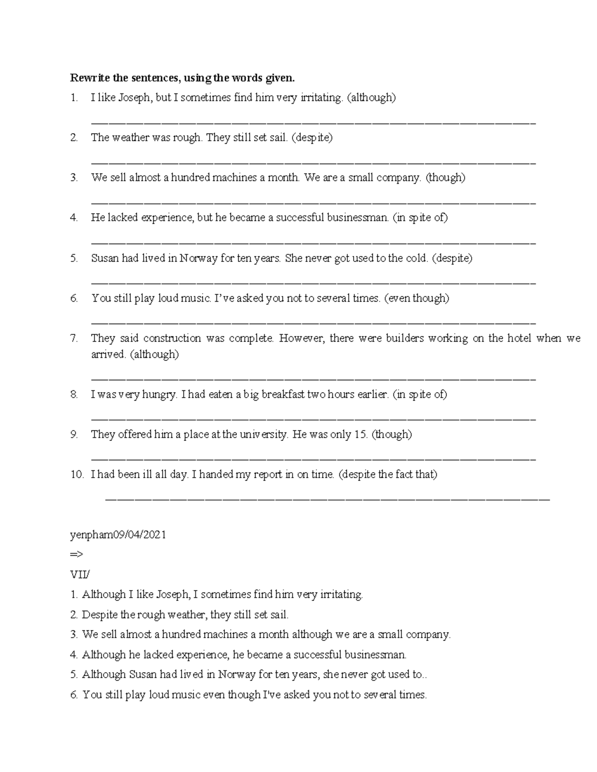 Rewrite Sentences Using Given Words - ENG 101 - Studocu