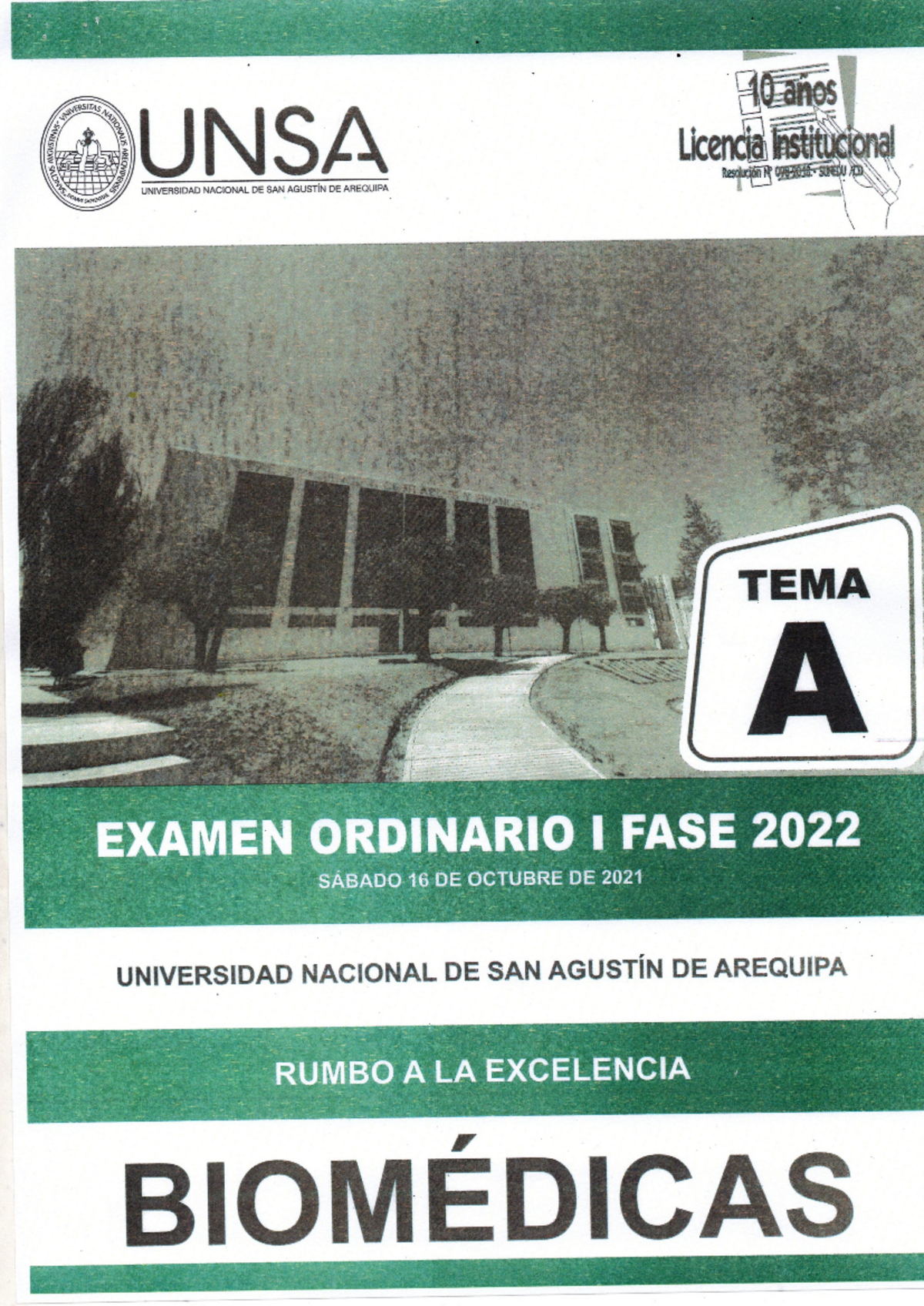 Examen Ordinario Biomedicas 1ER FASE - NIVERSITAS UNSA 10 anos NS ...