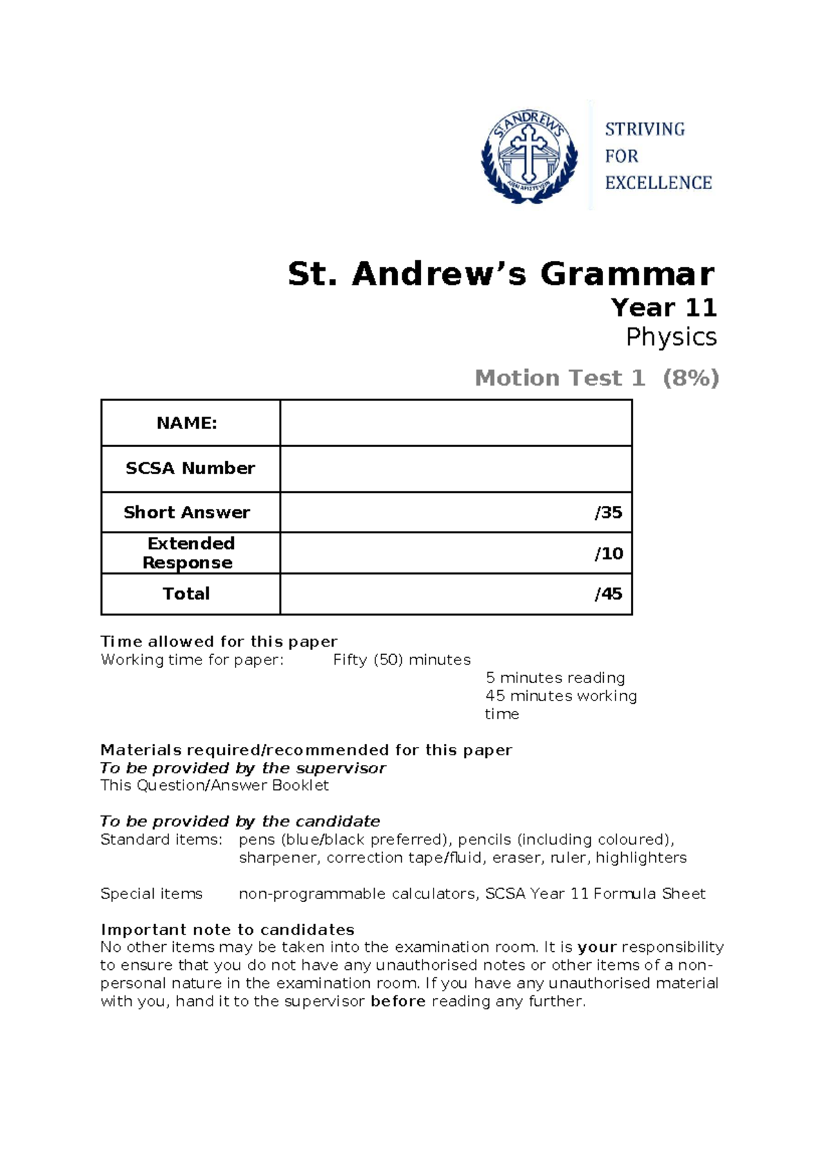 Year 11 Physics Motion Test 1 - SCSA 2026 Exam Paper - Studocu