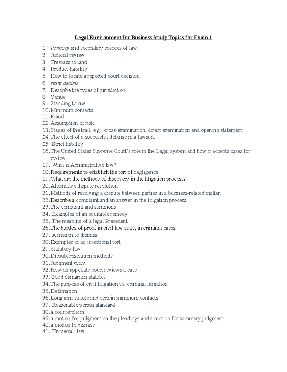 Legal Environment for Business MGT 101 Midterm Exam Study Guide - Studocu
