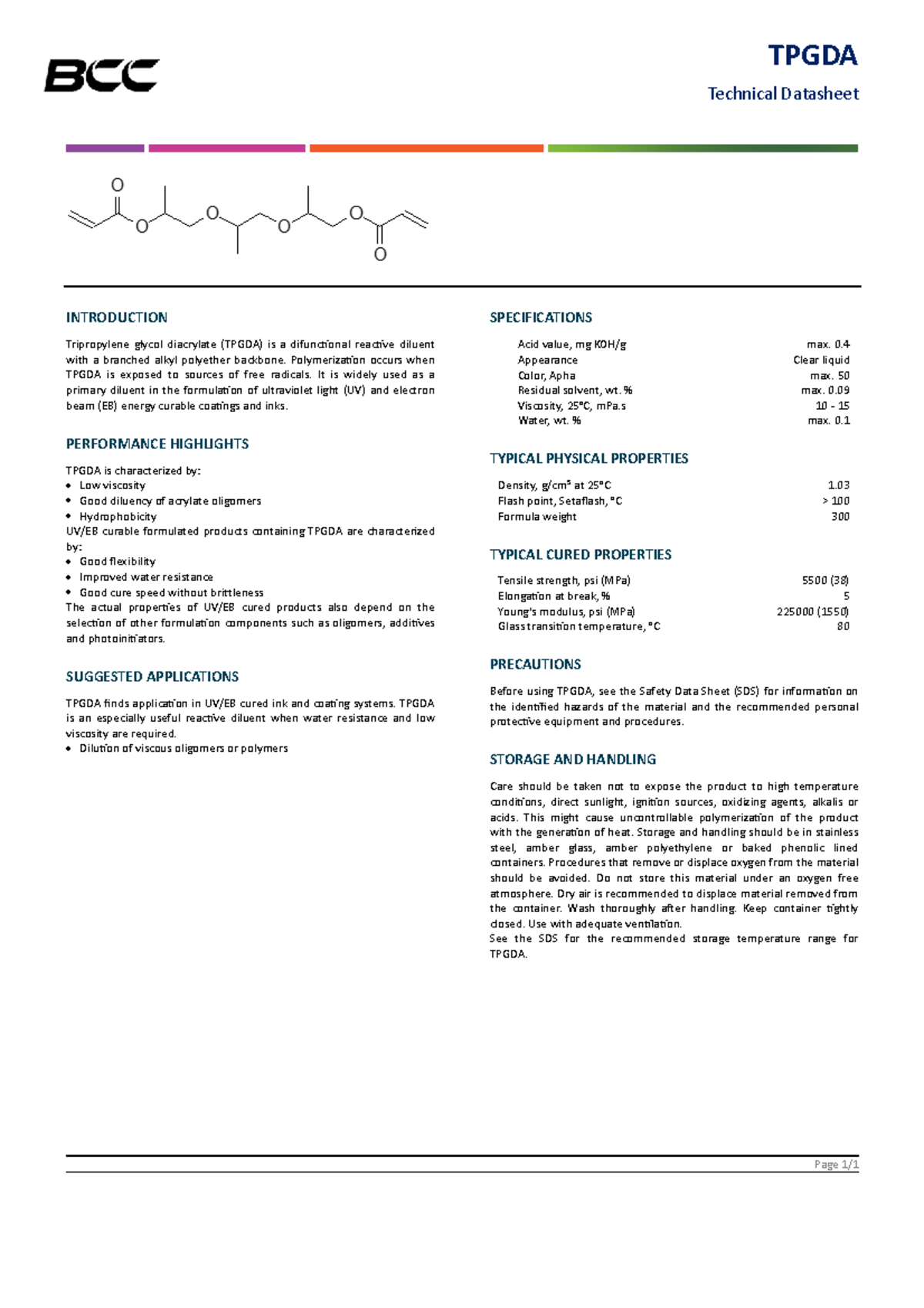 TPGDA TDS: Technical Datasheet for Tripropylene Glycol Diacrylate - Studocu