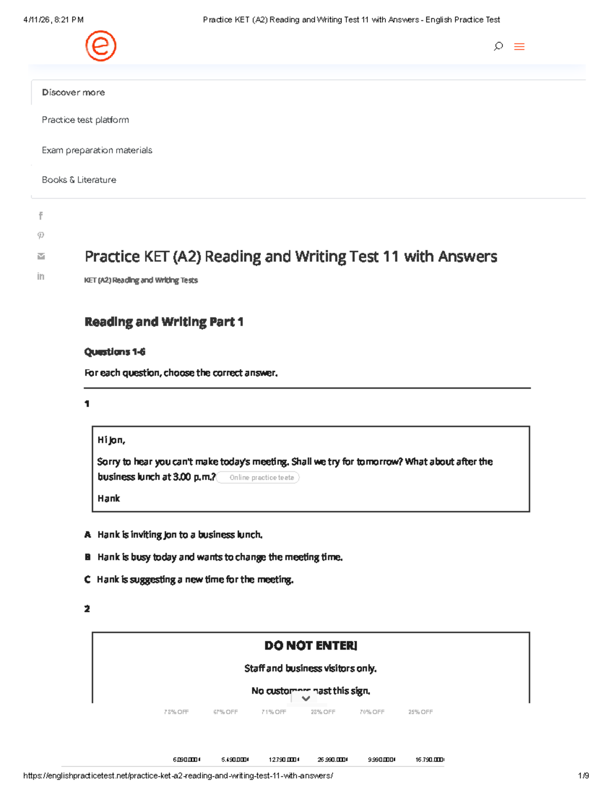 KET (A2) Reading & Writing Test 11 with Answers - Practice Test - Studocu