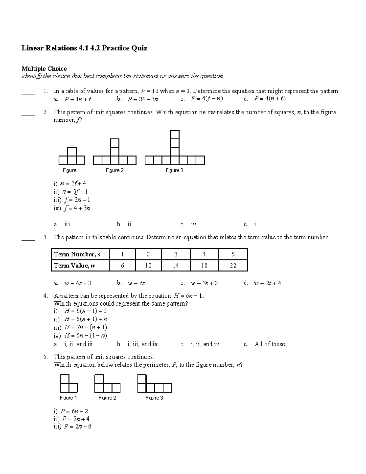 Linear Relations 4.1 & 4.2 Practice Quiz: Multiple Choice Questions ...