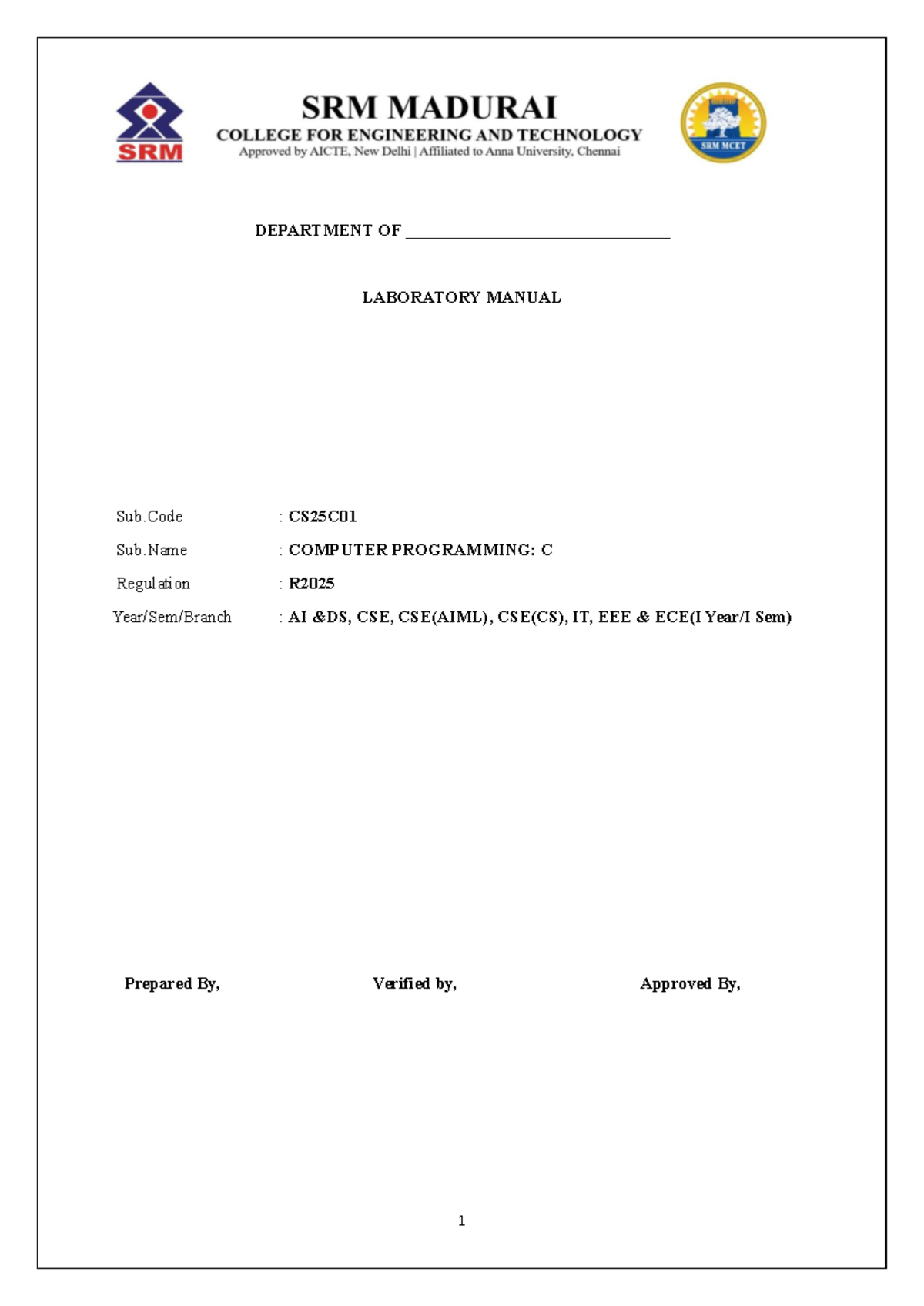 C25C01: Computer Programming Lab Manual with Experiments and Algorithms ...