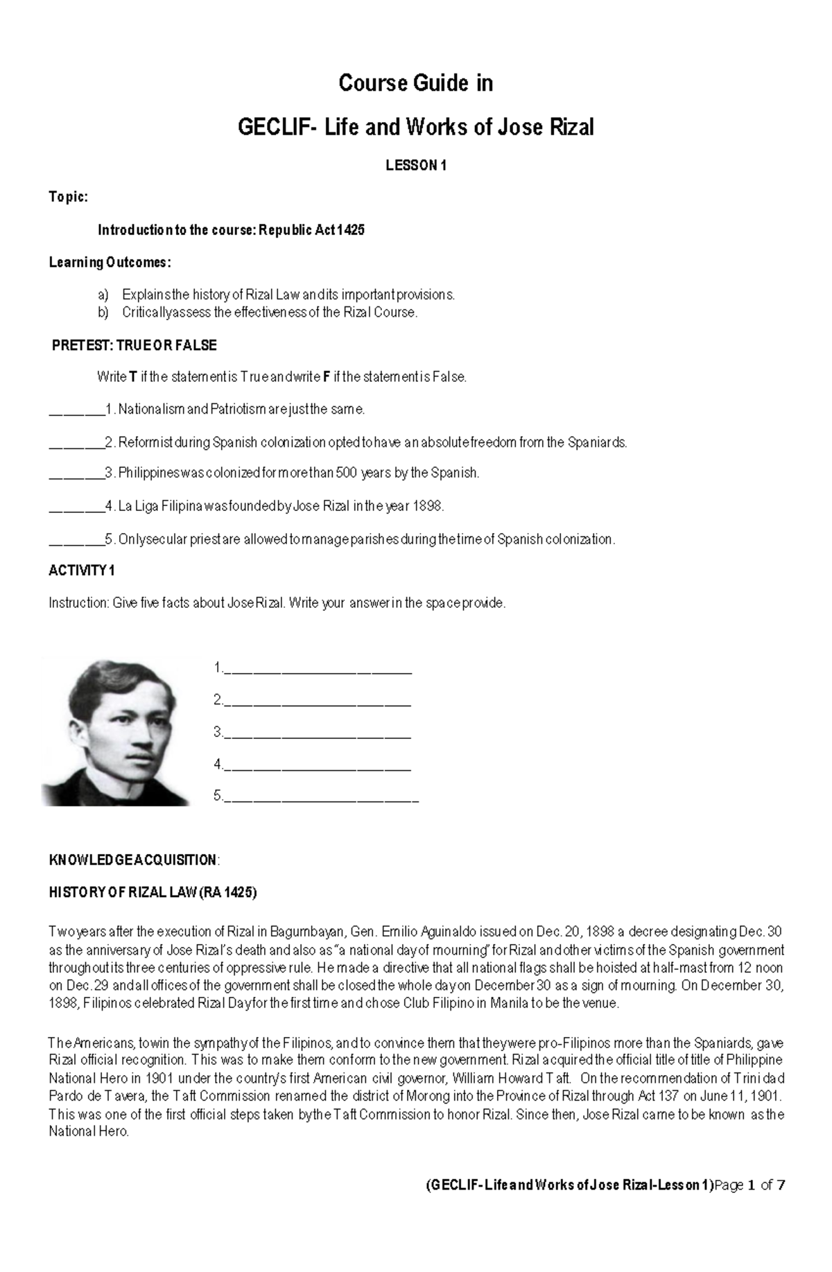 Lesson 1: Overview of Republic Act 1425 in Rizal's Life & Works - Studocu
