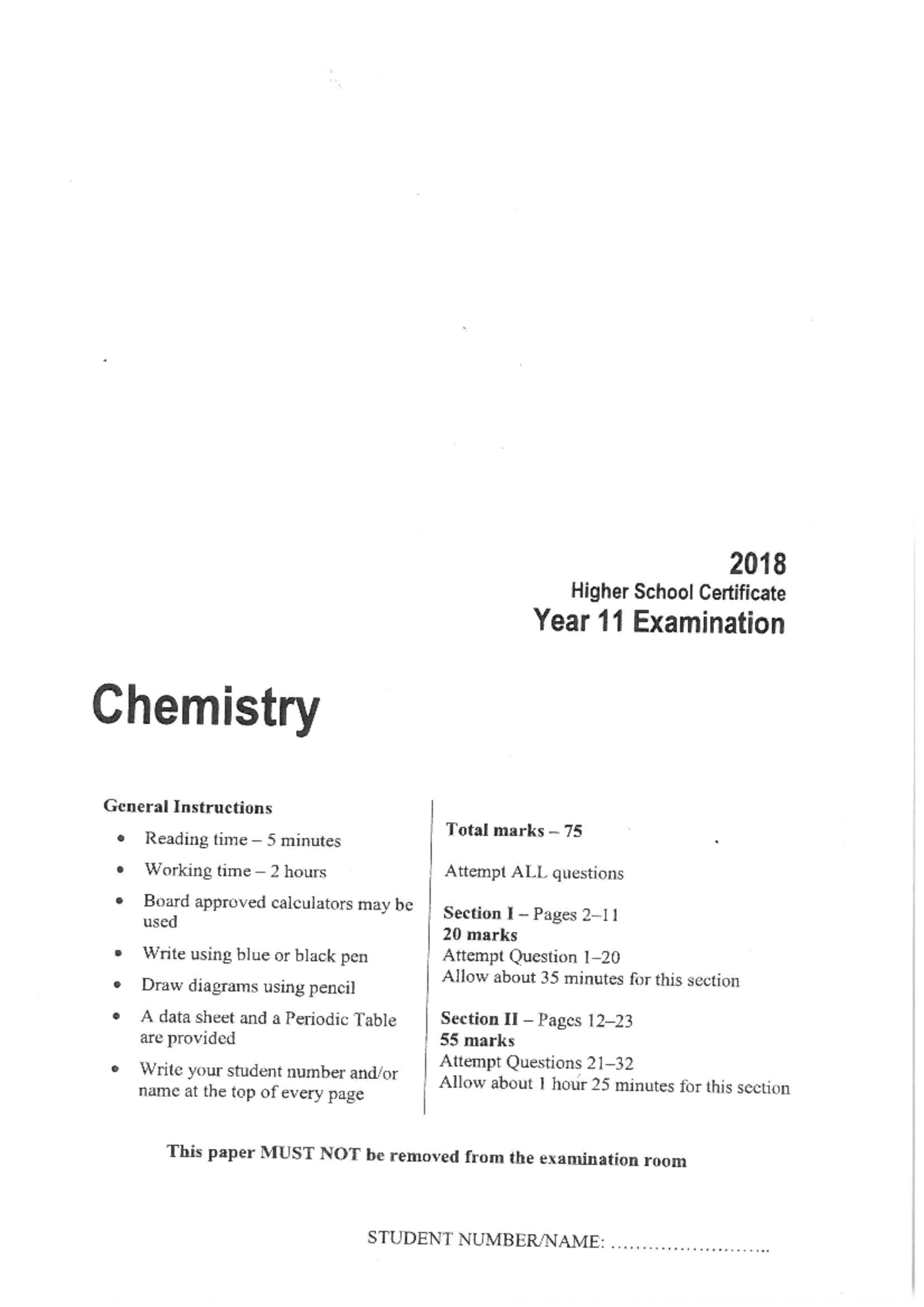 2018 past paper - chemistry - 2018 Higher School Certificate Year 11 ...