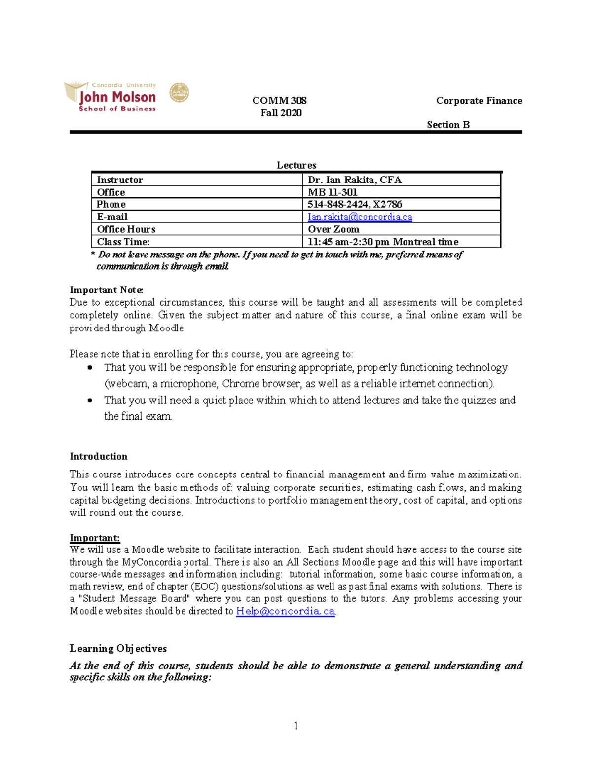 COMM 308 Course Outline: Corporate Finance Overview and Schedule - Studocu