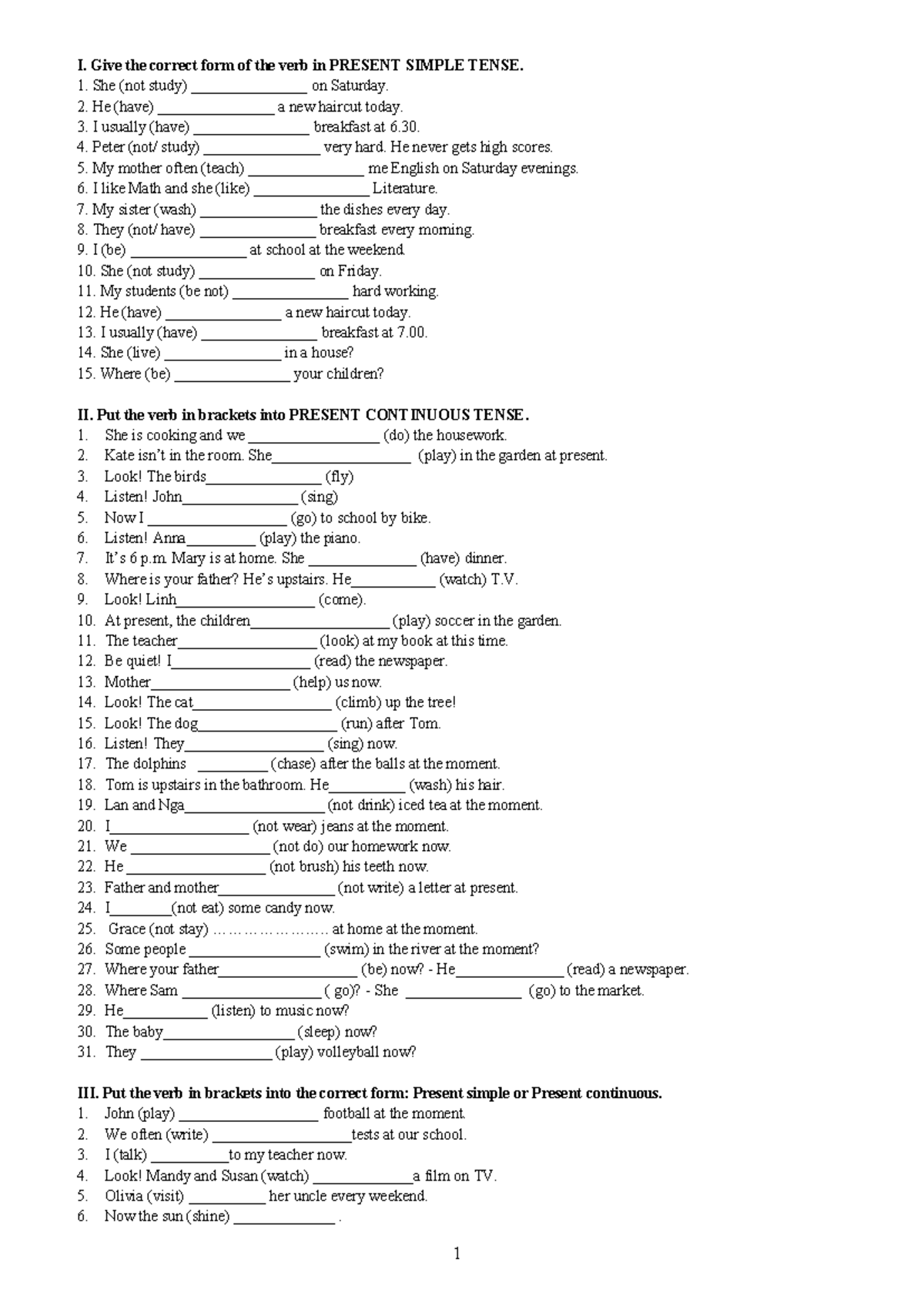 6C - Present Simple & Present Continuous Tense Exercises for Grade 6 ...