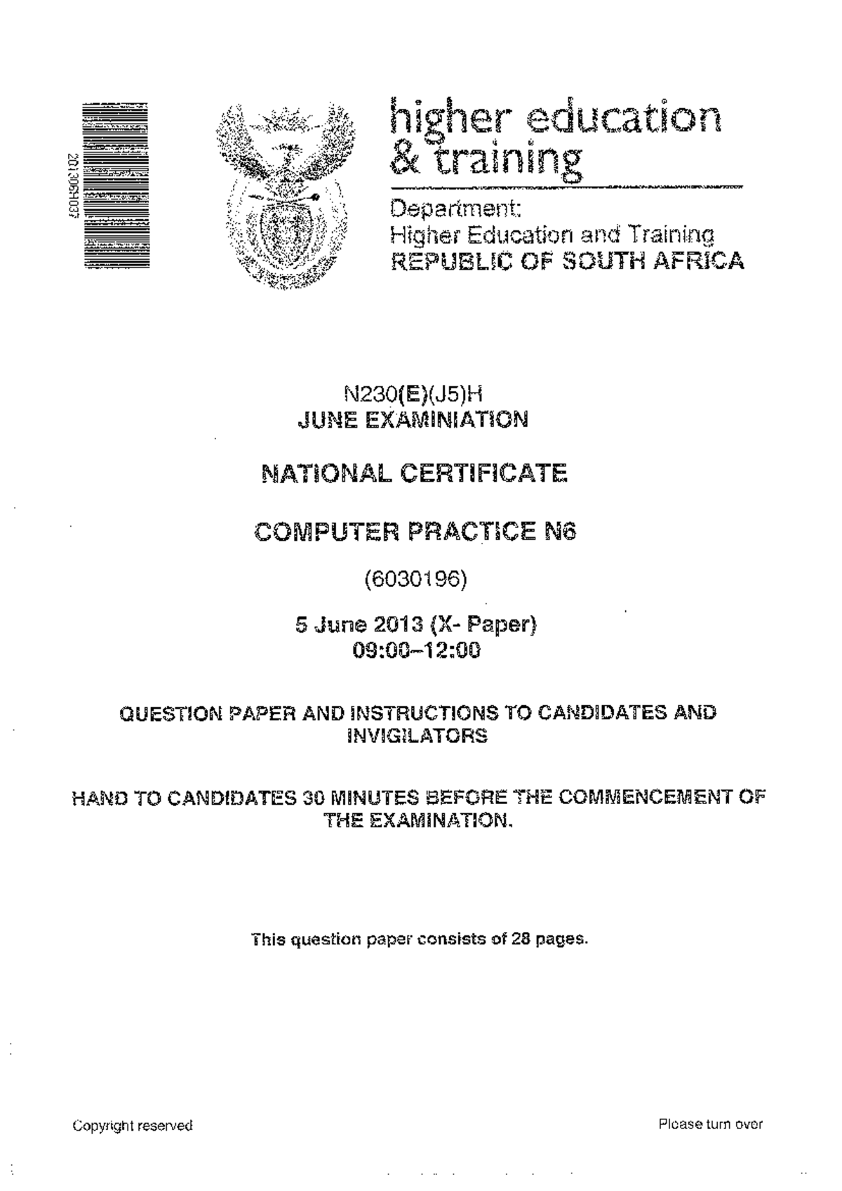N6 Computer Practice June 2013 Exam Question Paper and Instructions ...