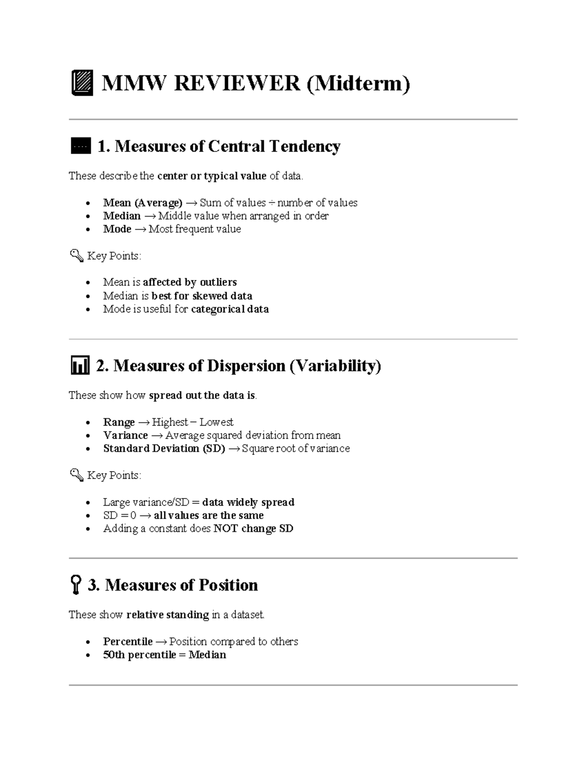 MMW Midterm Reviewer: Measures of Central Tendency & More - Studocu