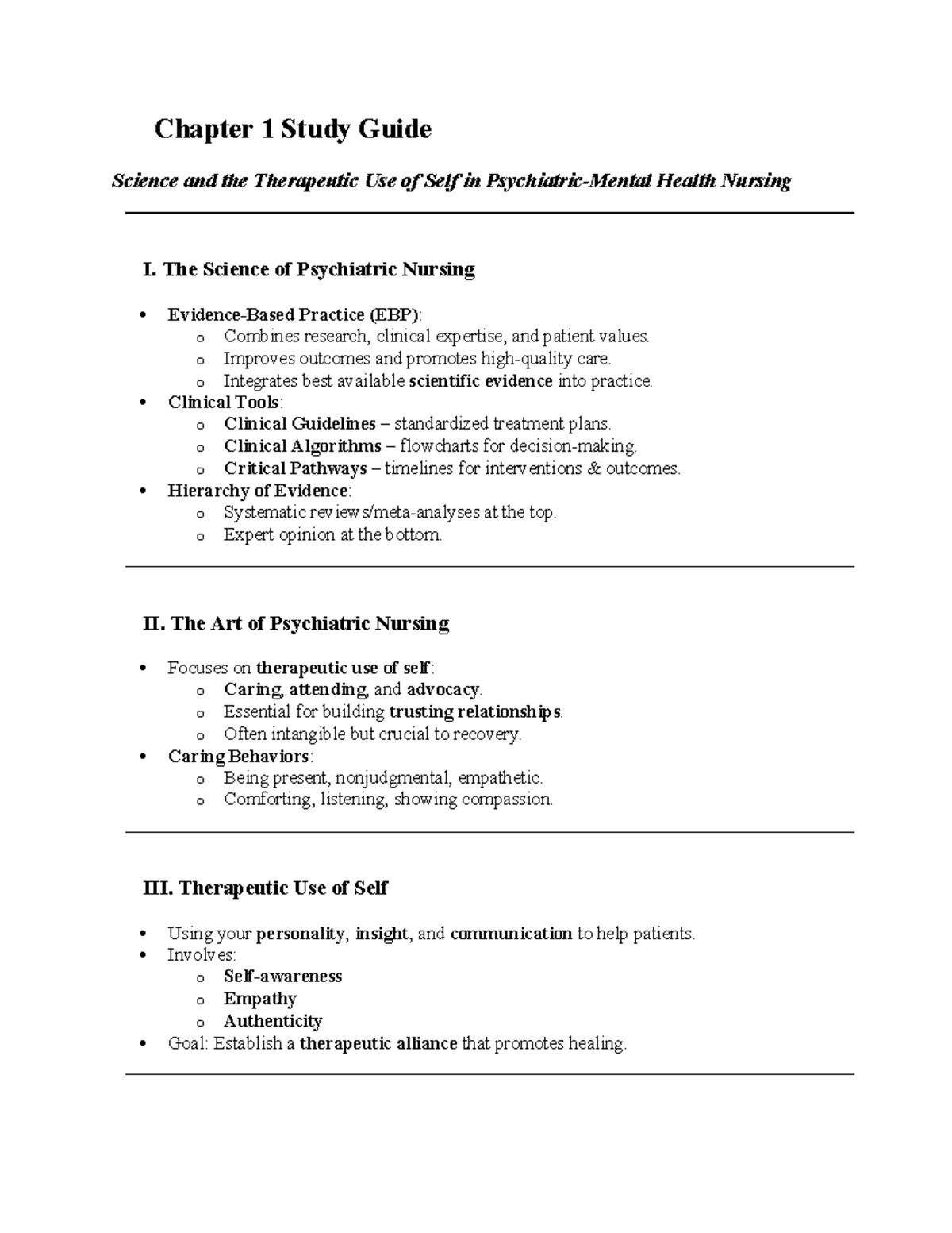 Chapter 1 Study Guide: Science and Art of Psychiatric Nursing (Nursing ...