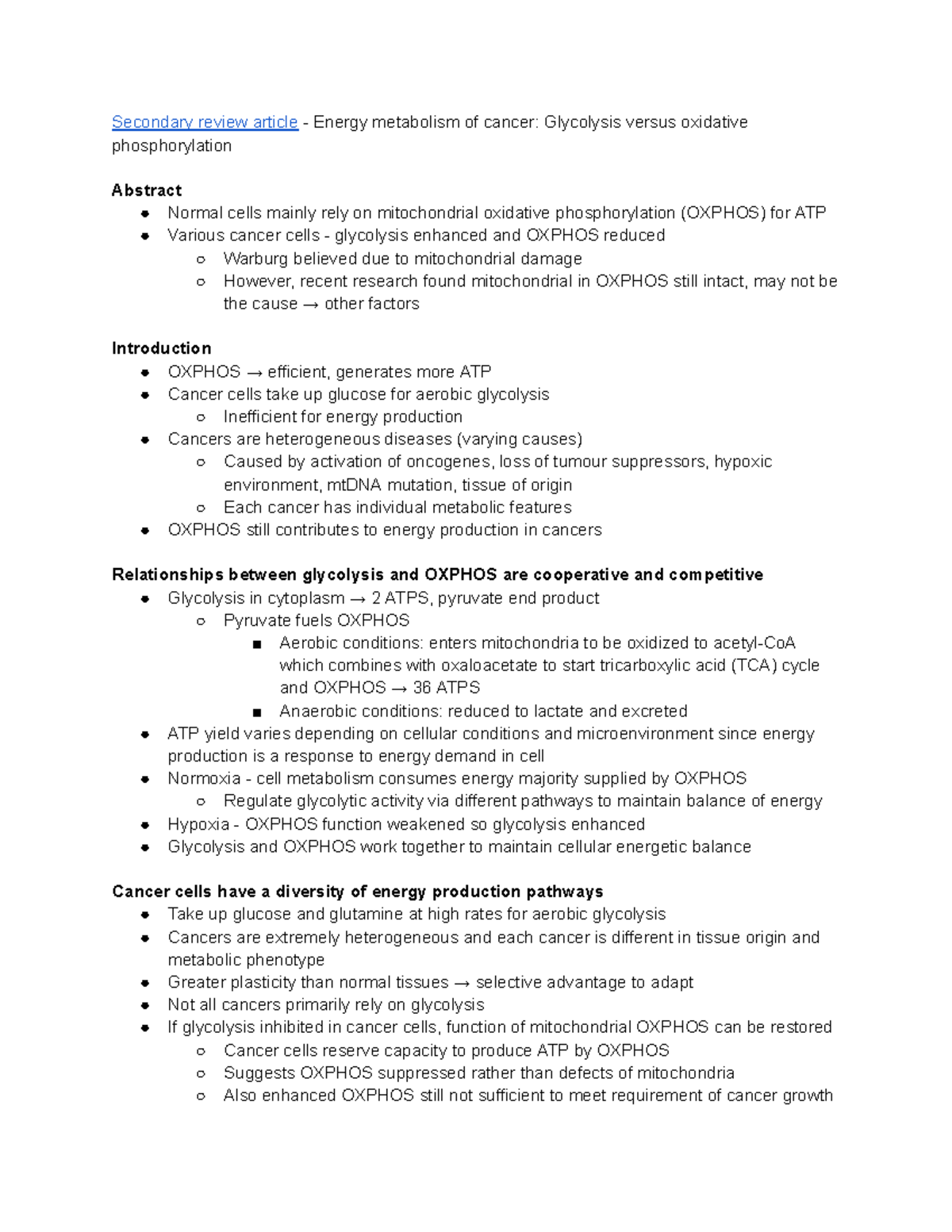 Secondary Review Article: Energy Metabolism in Cancer (BIO 101) - Studocu
