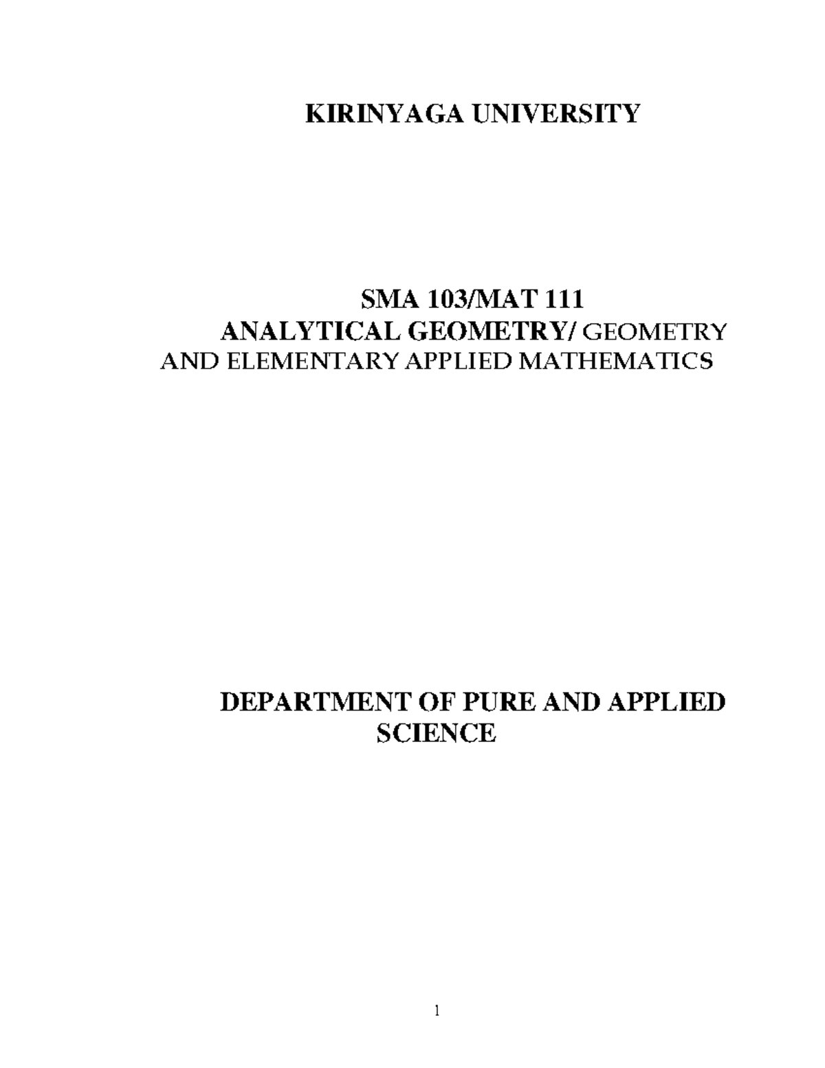 SMA 103/111 Analytical Geometry Comprehensive Lecture Notes - Studocu