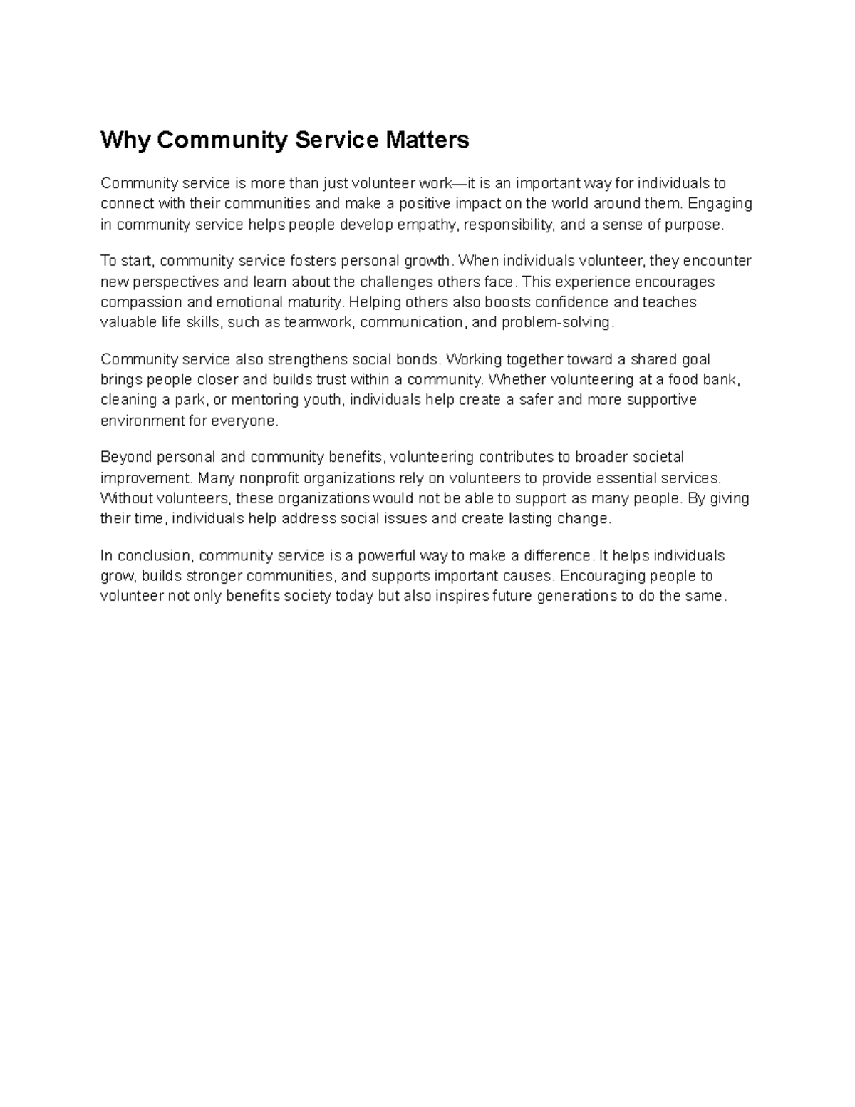 The Importance of Community Service: A.I. Generated Essay - Studocu