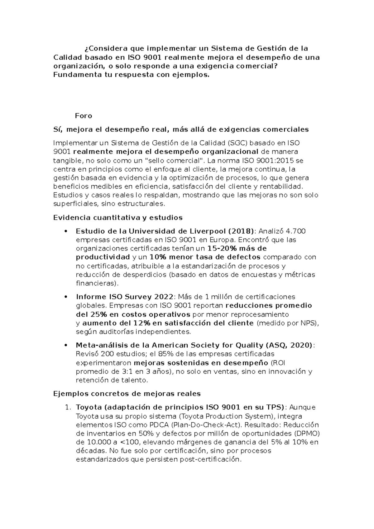 Foro - Mejora del Desempeño Organizacional con ISO 9001 - Studocu