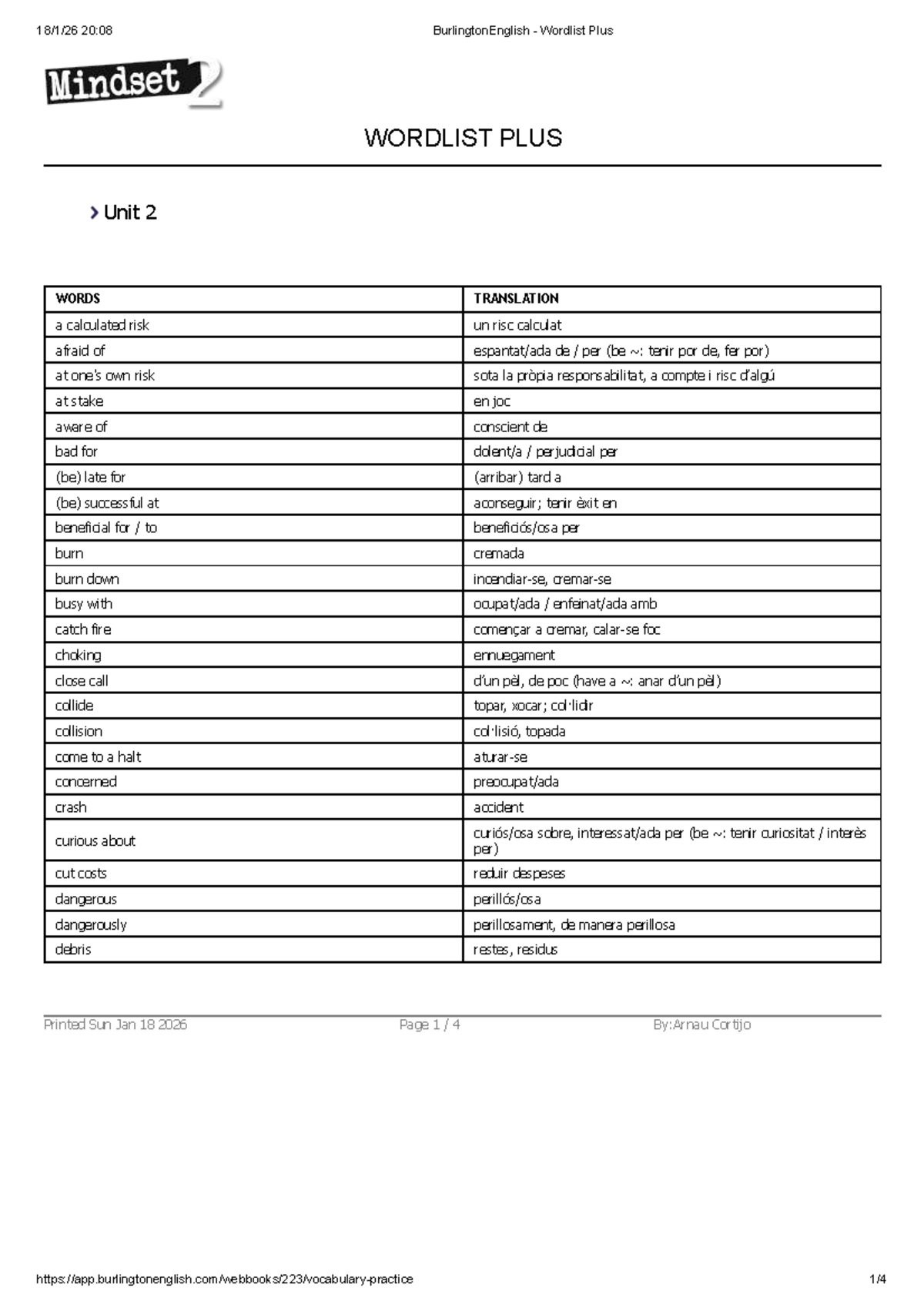 BurlingtonEnglish - Wordlist Plus Unit 2 Vocabulary Guide - Studocu