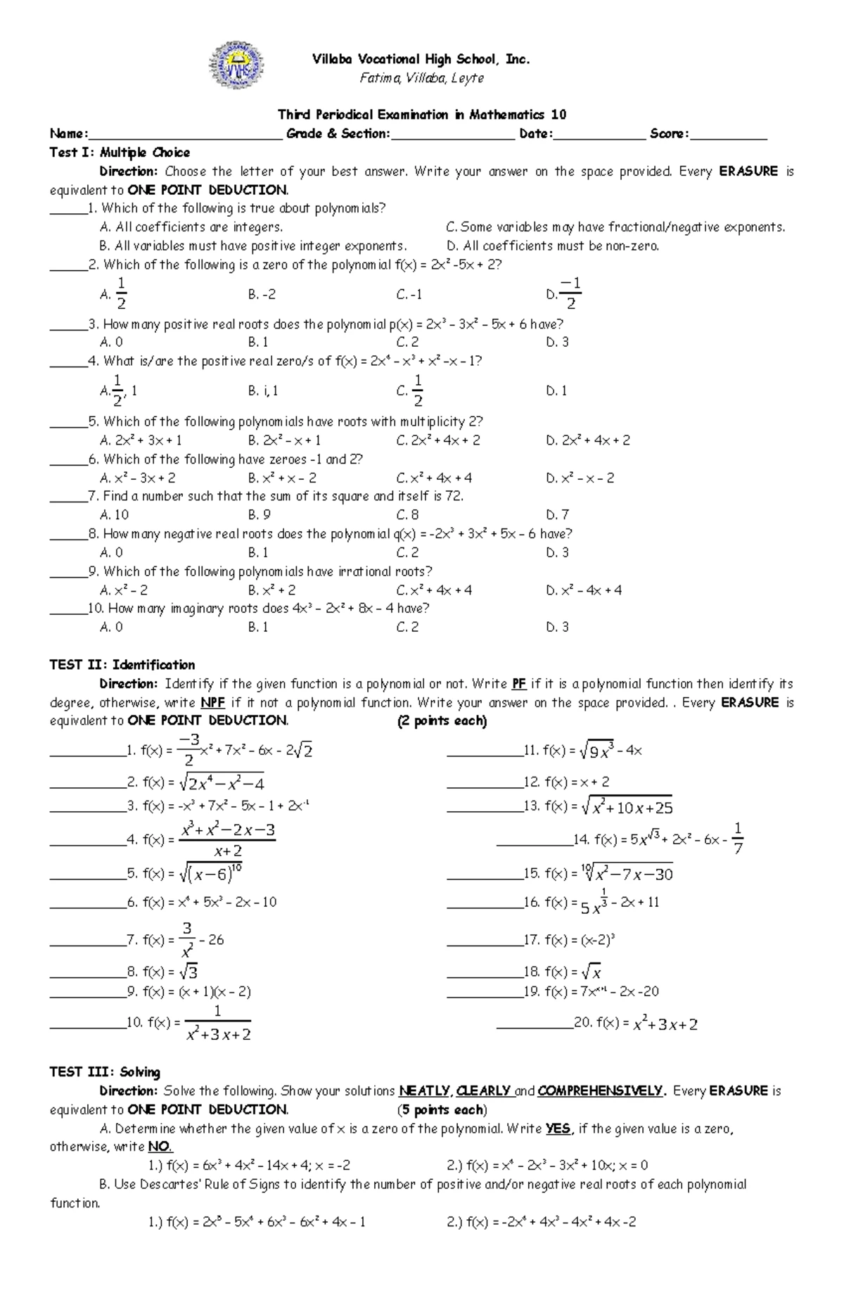 First Periodical Examination in General Mathematics 10 (Grade Test I ...