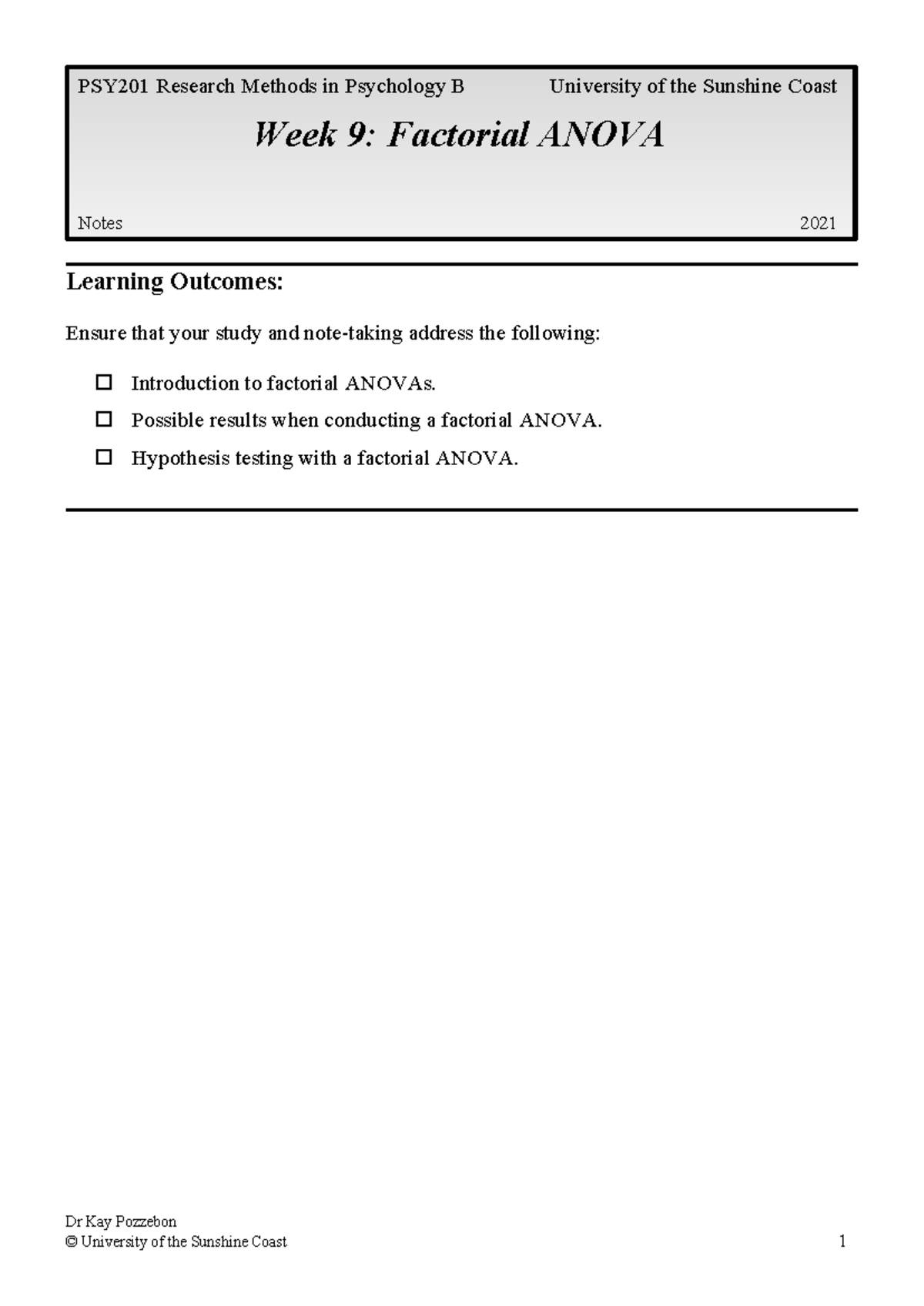 PSY201 Week 9 Lecture Notes: Understanding Factorial ANOVA - Studocu