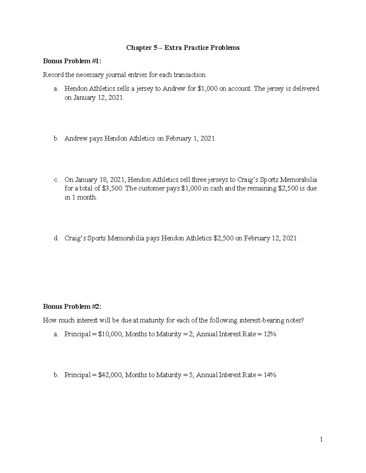 Chapter 5 - Extra Practice Problems - Chapter 5 – Extra Practice ...
