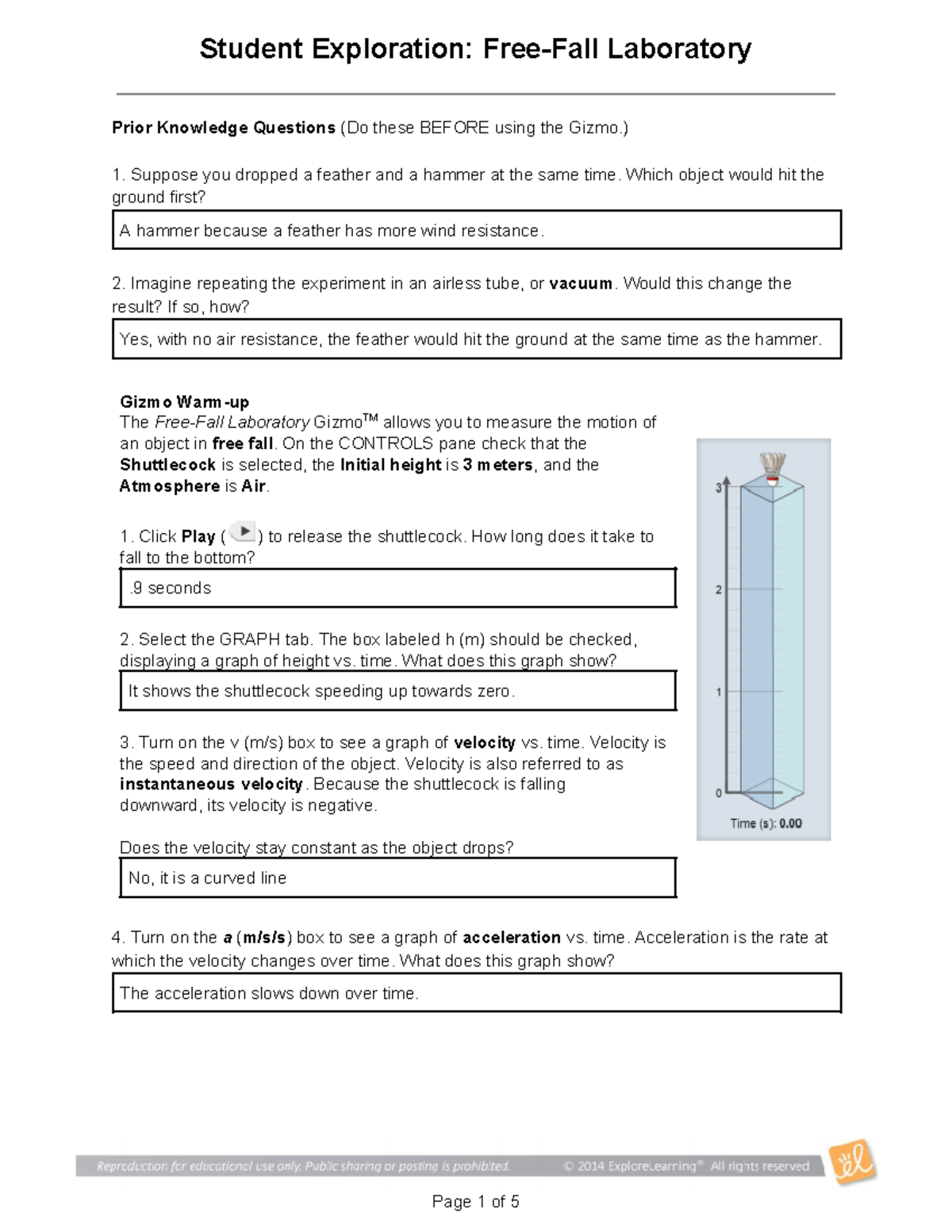 Copy of Student Exploration Free-Fall Laboratory - Prior Knowledge ...