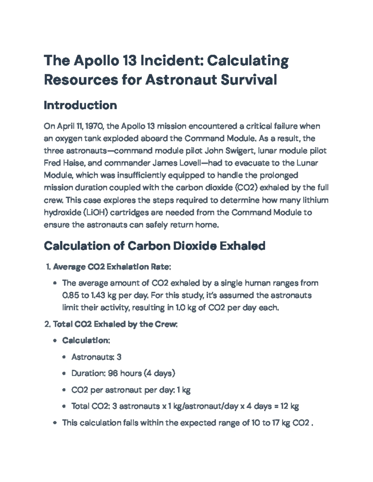 Calculating LiOH Needs for Apollo 13 CO2 Scrubbing Case Study Analysis ...
