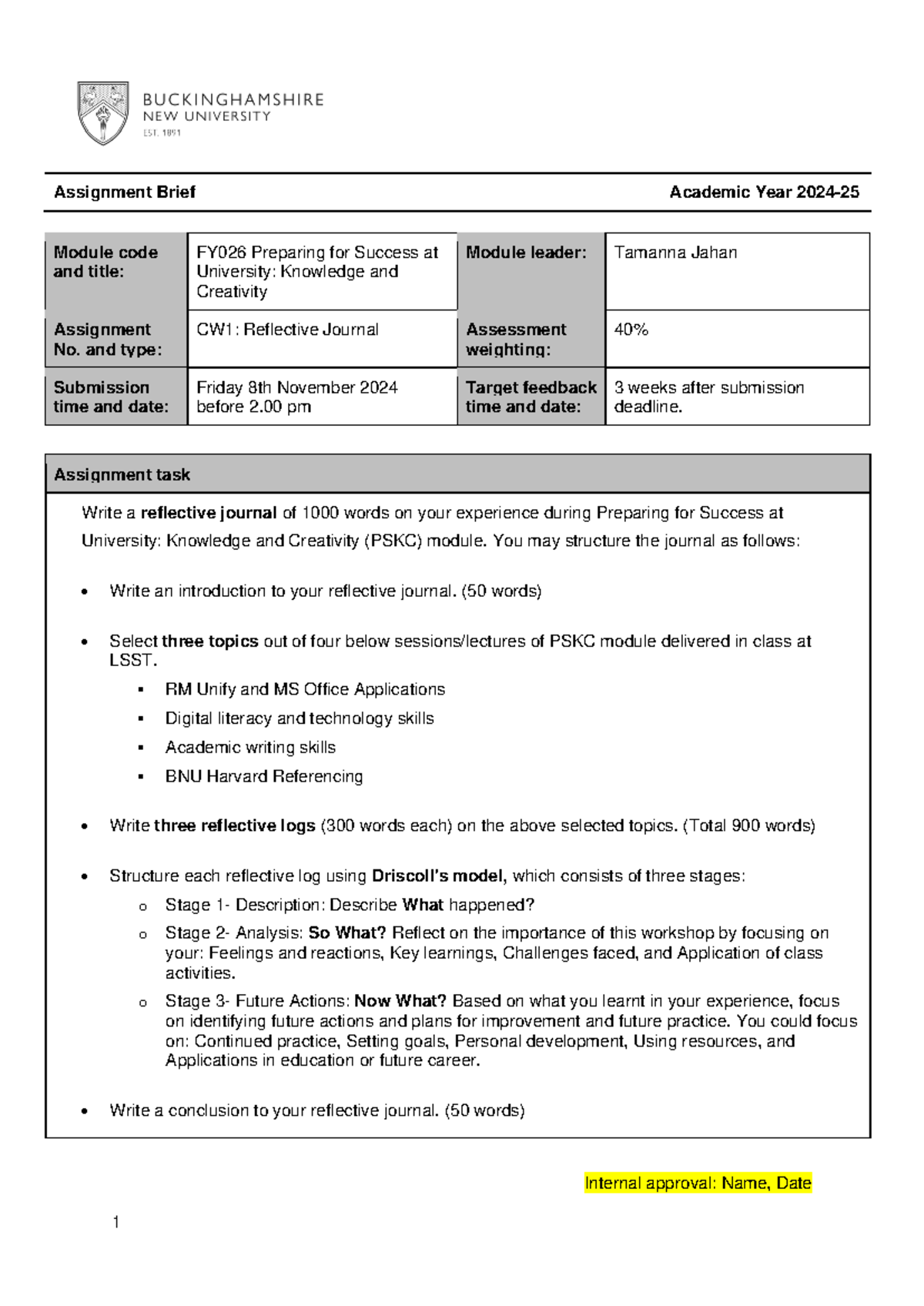 Reflective Journal for FY026: Preparing for Success at University - Studocu
