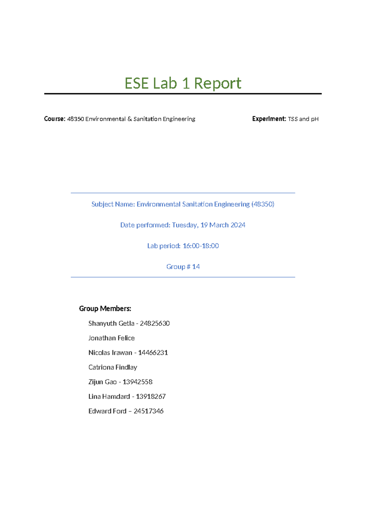 48350 ESE Lab 1 Report: TSS and pH Testing Results - Studocu