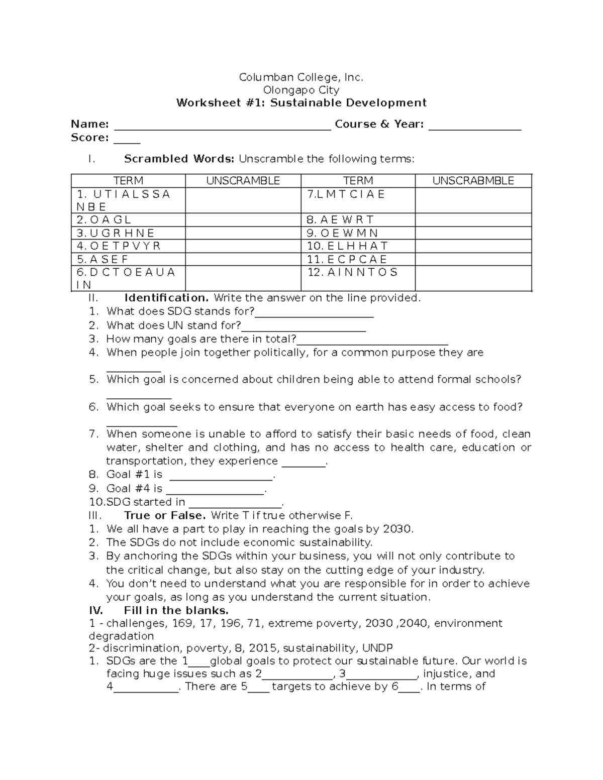 Columban College, Inc. Olongapo City Worksheet: Sustainable Development ...