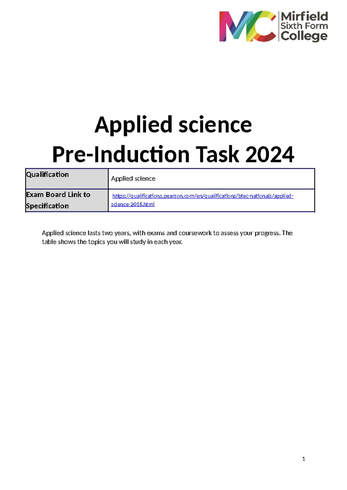 Applied Science Pre-Induction Tasks Overview - 2024 - Studocu