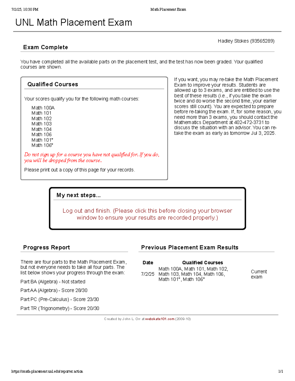 Math Placement Exam Results & Qualified Courses (UNL) - Studocu