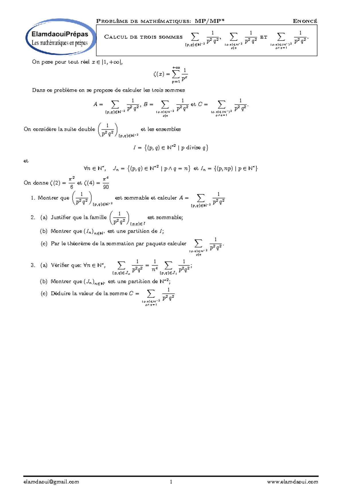 Prob Ser Som 25 - yozeze - Problème de mathématiques: MP/MP* Enoncé ...
