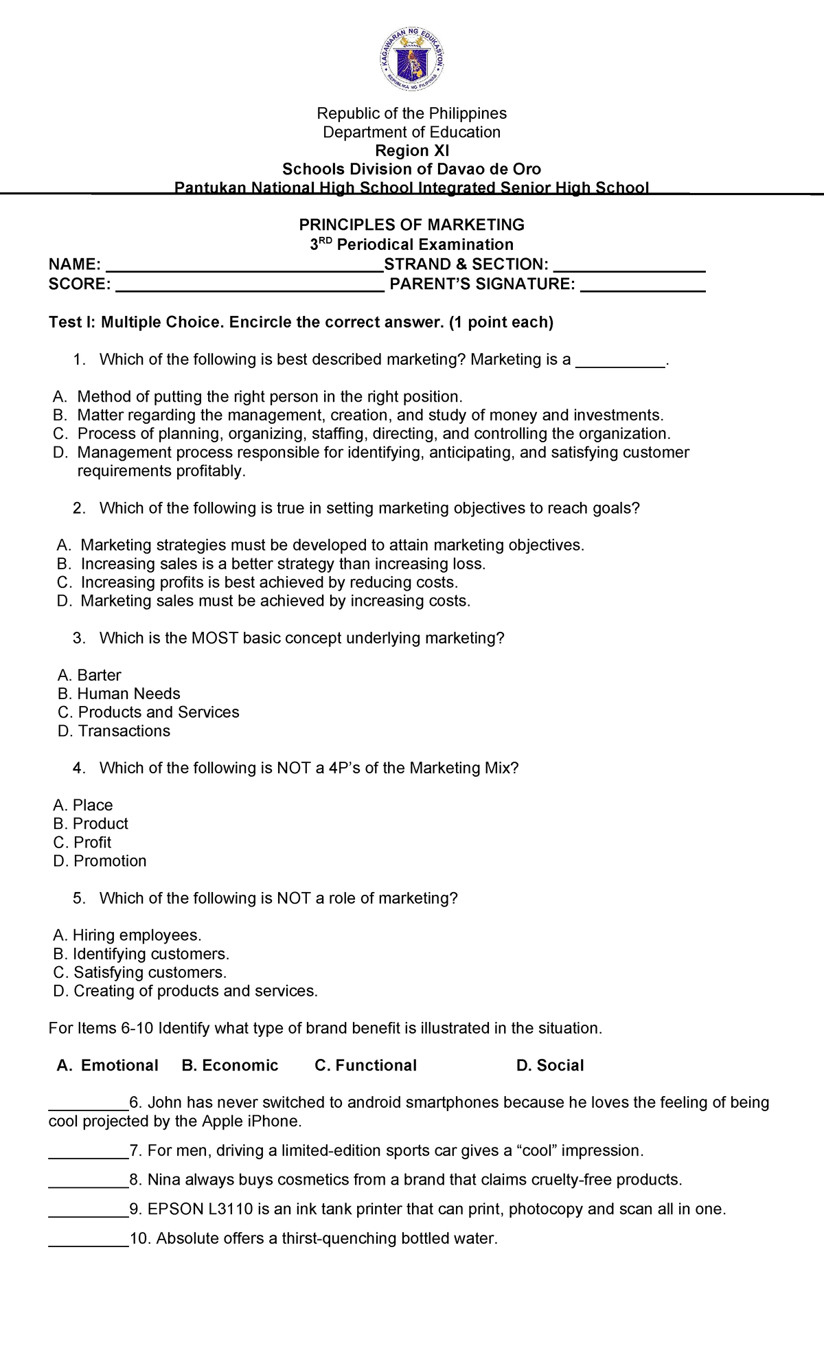 3RD Quarterly Exam - PM - Principles of Marketing Final Exam - Studocu