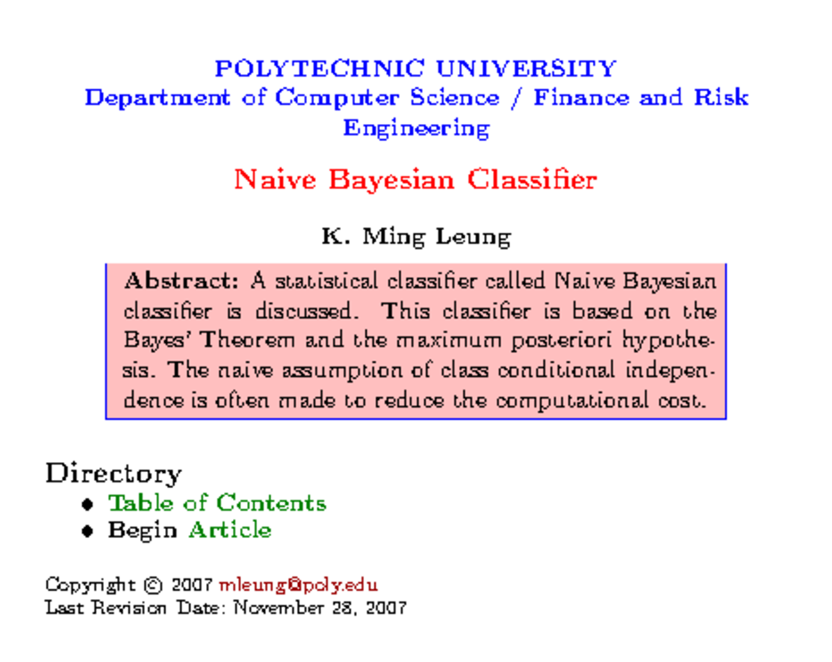 CSE445 Lecture Notes: Naive Bayesian Classifier Overview - Studocu