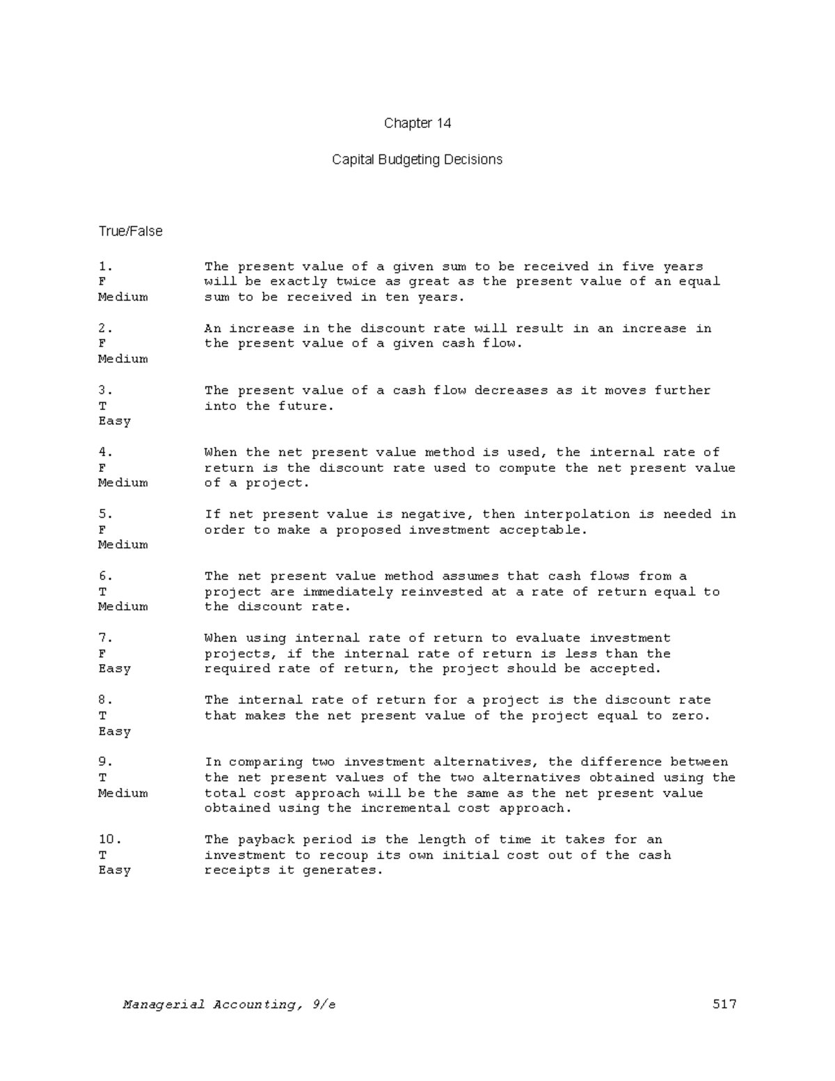 399279749 285679315 Test Bank Chapter 14 Capital Budgeting doc ...
