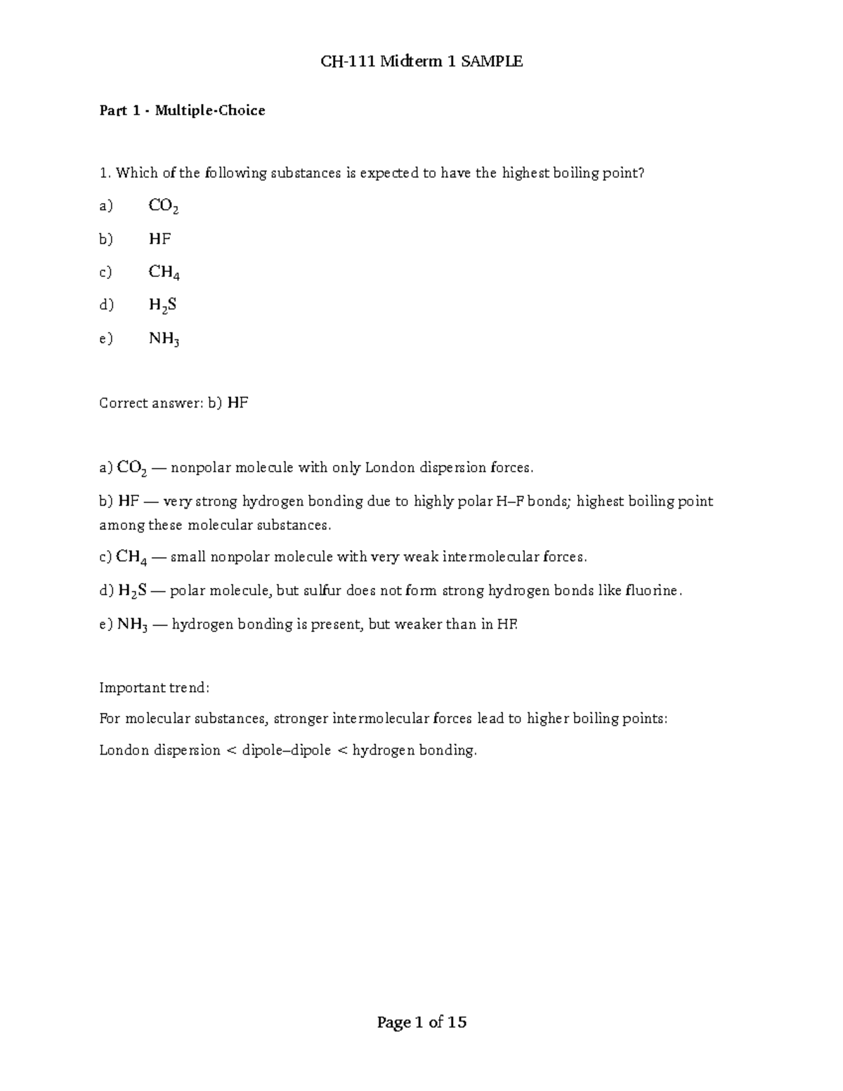 CH-111 Midterm 1 Sample Questions - Studocu