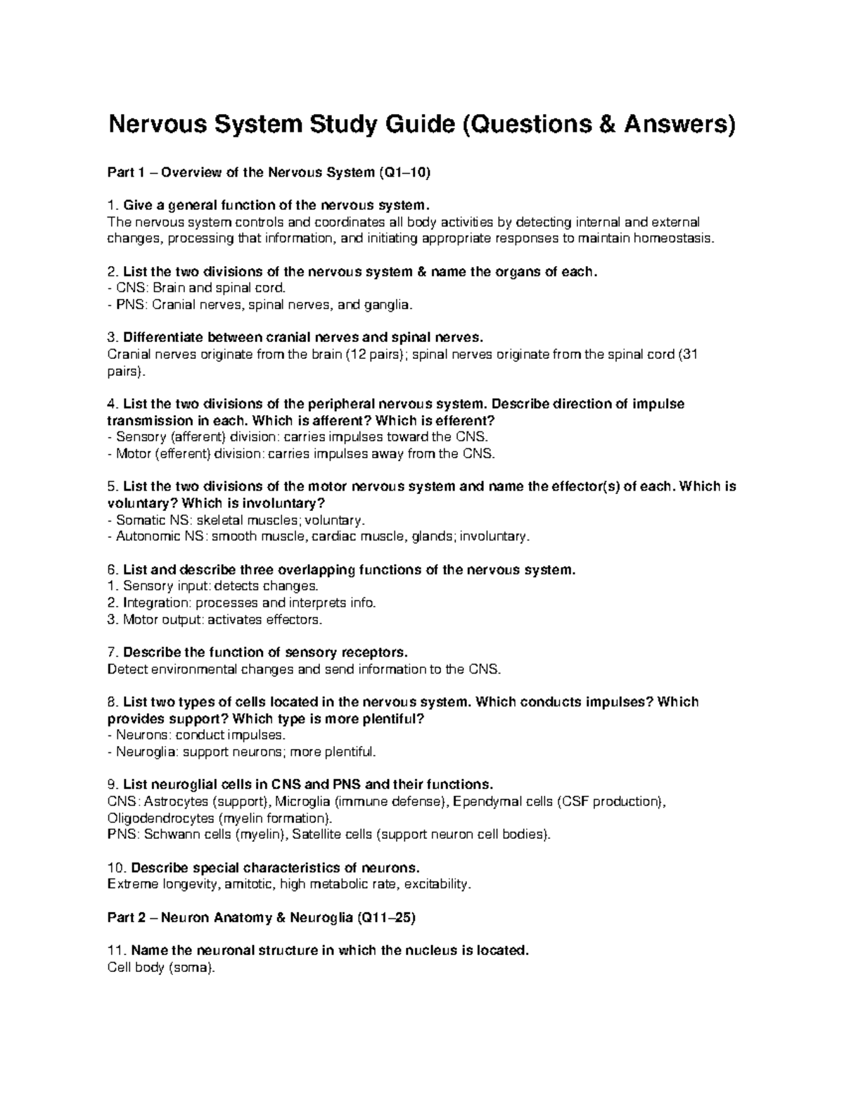 Nervous System Study Guide (QA) - Overview & Anatomy Insights - Studocu