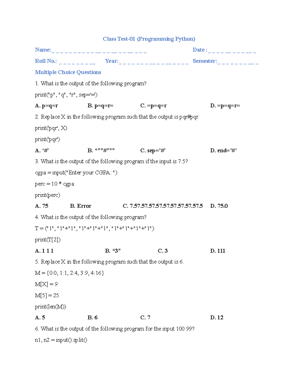 Python Class Test-1 MCQs and Long Questions - Studocu