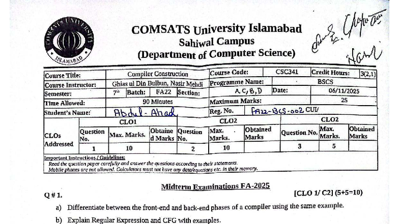 CC - Midterm Exam - Compiler Construction - CSC341 - 2025 - Studocu