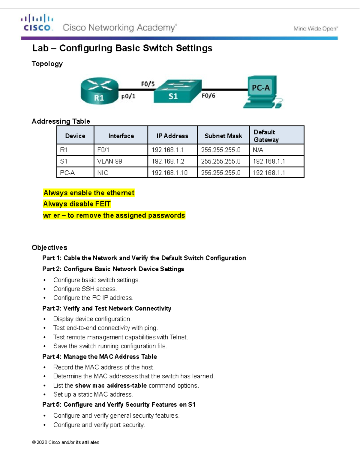 Lab 7 - Configuring Basic Switch Settings & Security Features in Cisco ...