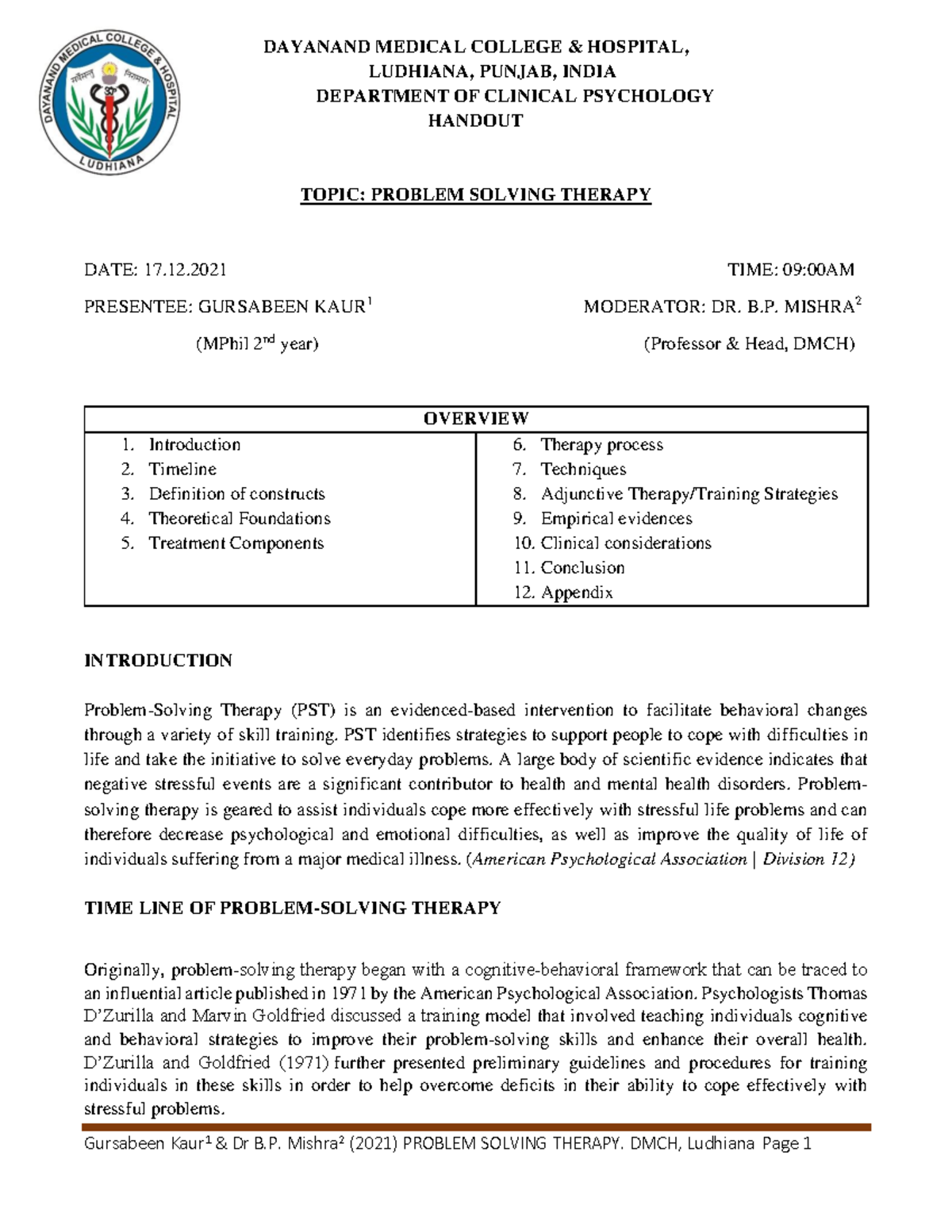 DMCH Clinical Psychology Handout: Problem Solving Therapy Overview ...