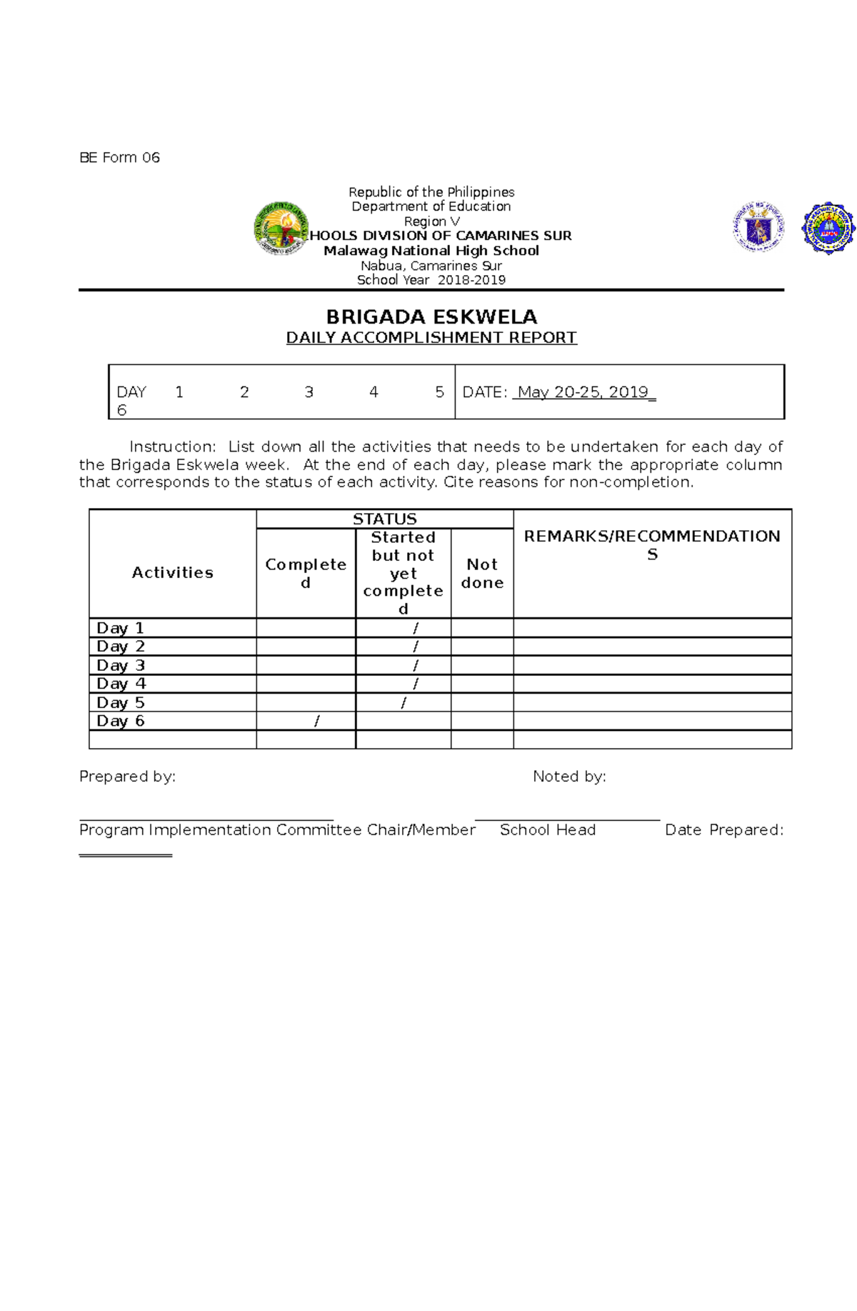 BE Form 6 Daily Accomplishment Report - BE Form 06 Republic of the ...