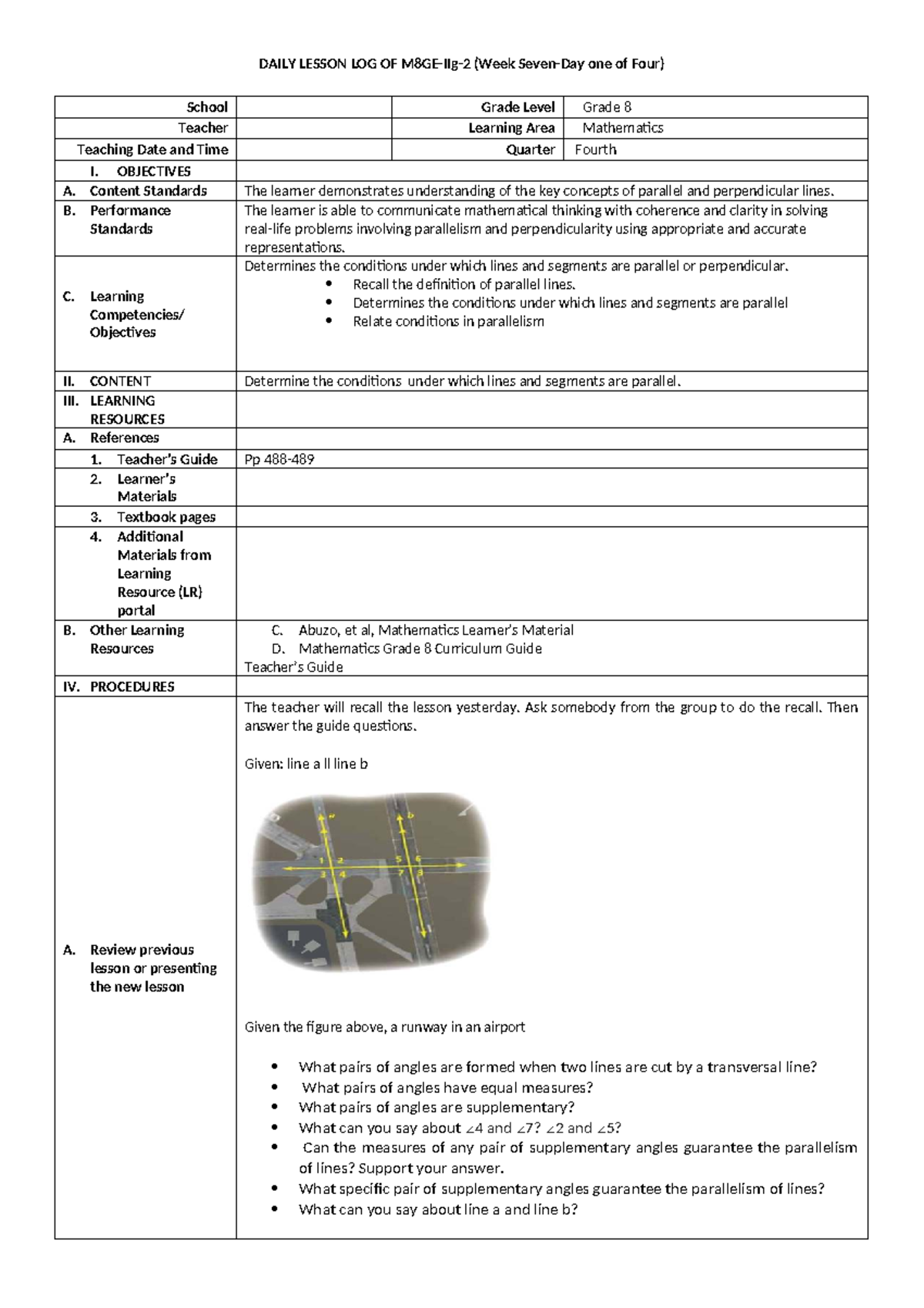 DAILY LESSON LOG: Grade 8 Math - Parallel & Perpendicular Lines - Studocu