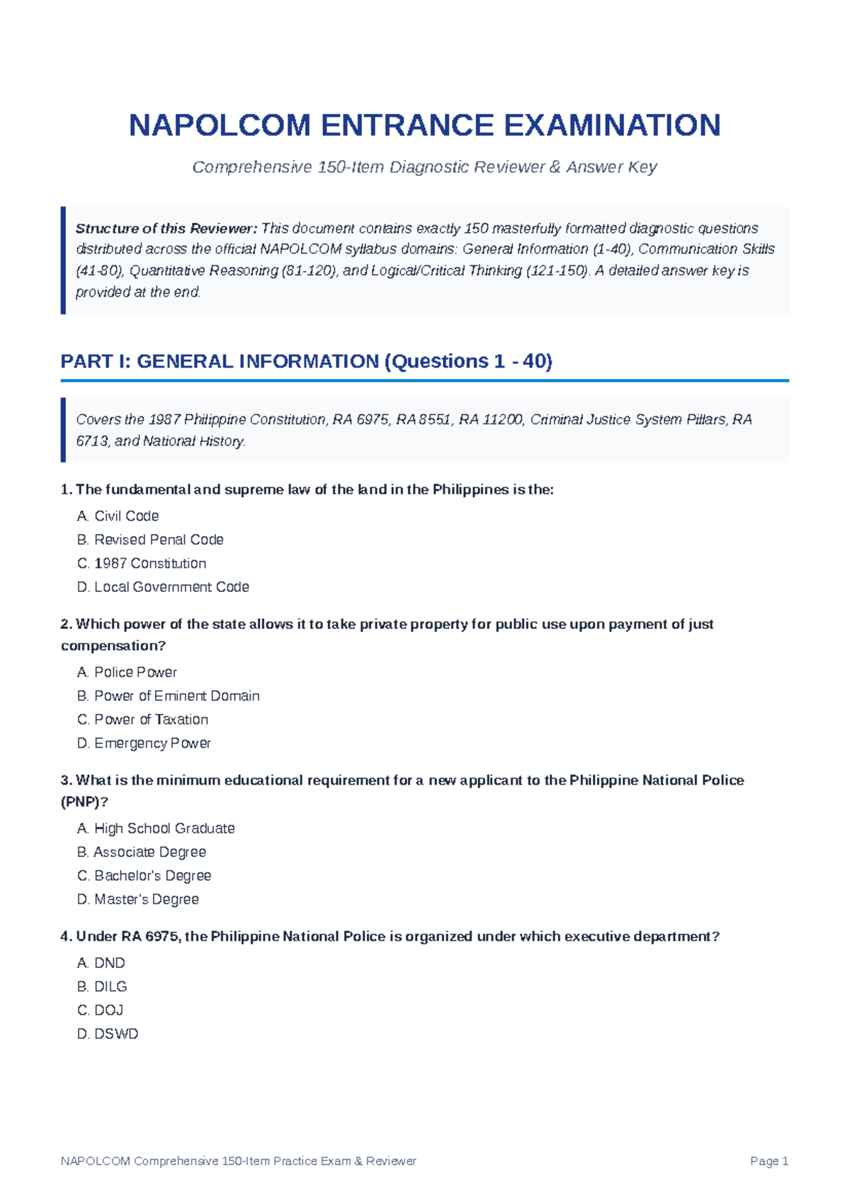 NAPOLCOM ENTRANCE EXAM 150 Items Comprehensive Reviewer - Studocu