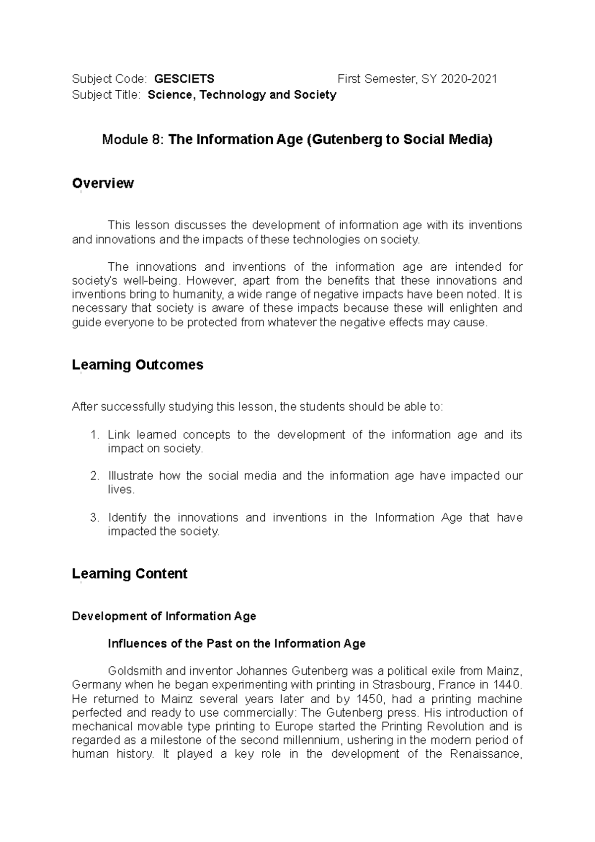 GESCIETS 101: Module 8 - The Information Age and Its Societal Impact ...