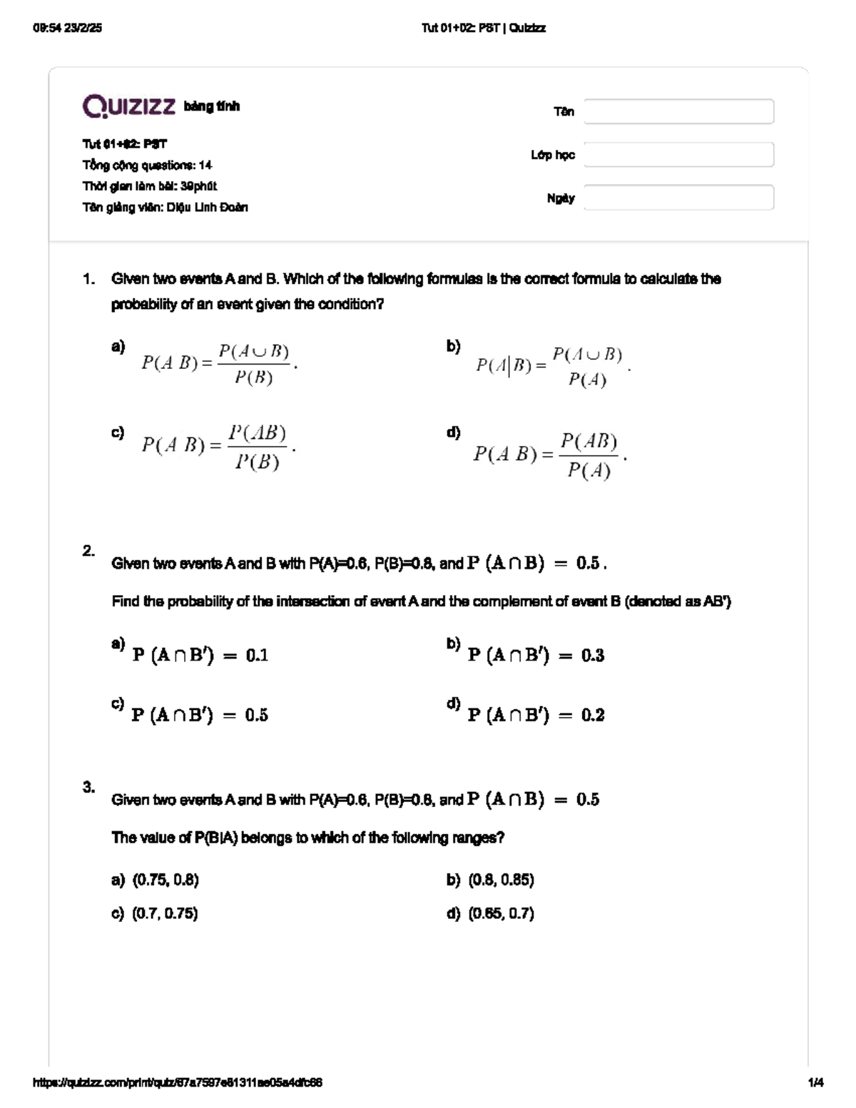 09:54 PST I Quizizz Probability Questions and Solutions - Studocu
