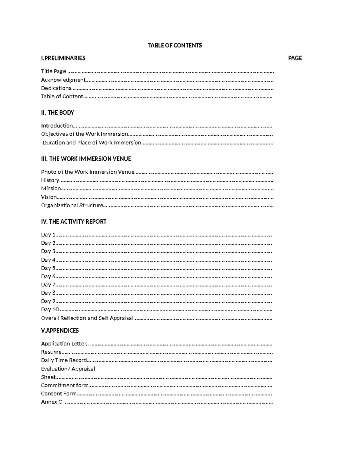WORK Immersion Table OF Contents - TABLE OF CONTENTS I PAGE Title Page ...