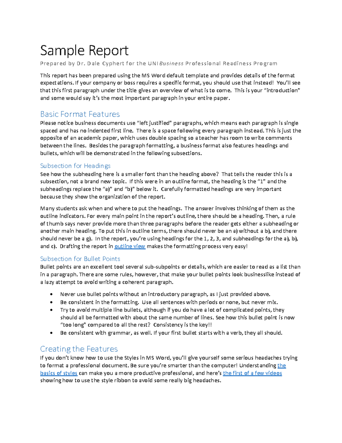 UNI BPRP Report Format Guidelines: Sample Report by Dr. Cyphert - Studocu