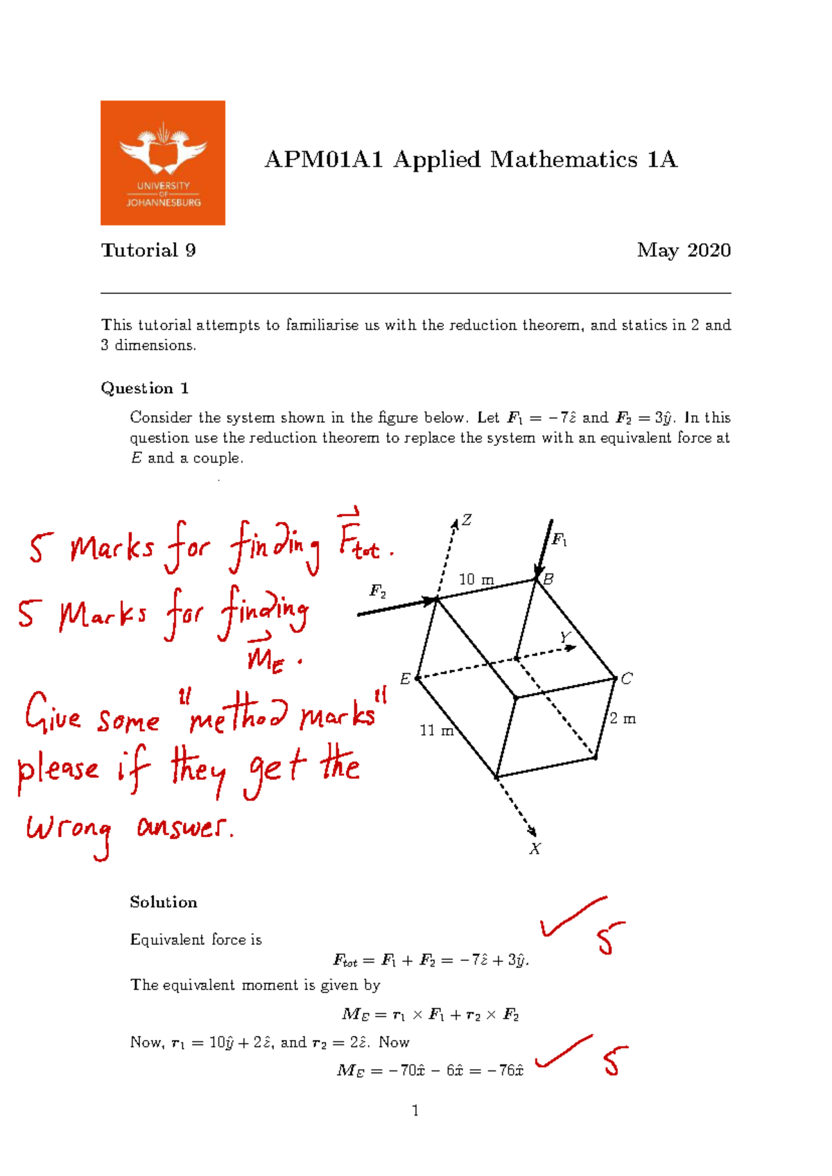 APM01A1 Applied Mathematics 1A Tutorial 9 Memo - May 2020 - Studocu