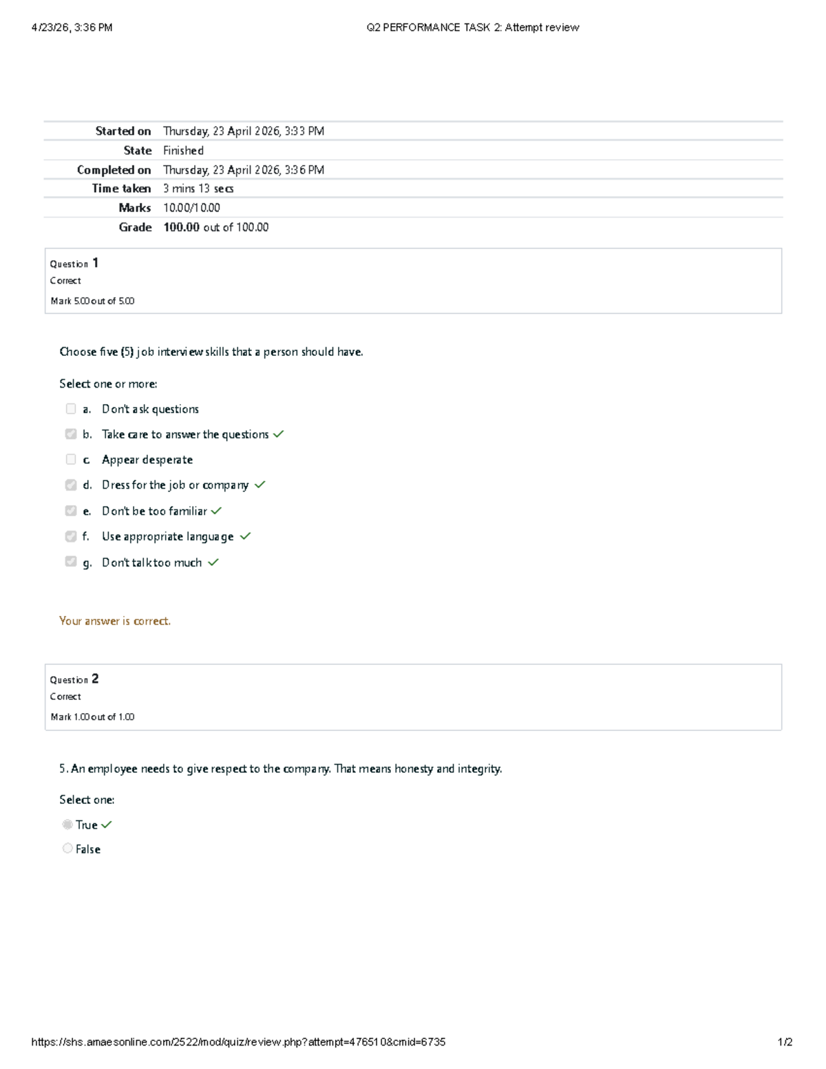 Q2 Performance Task 2 Attempt Review - April 2026 - Studocu